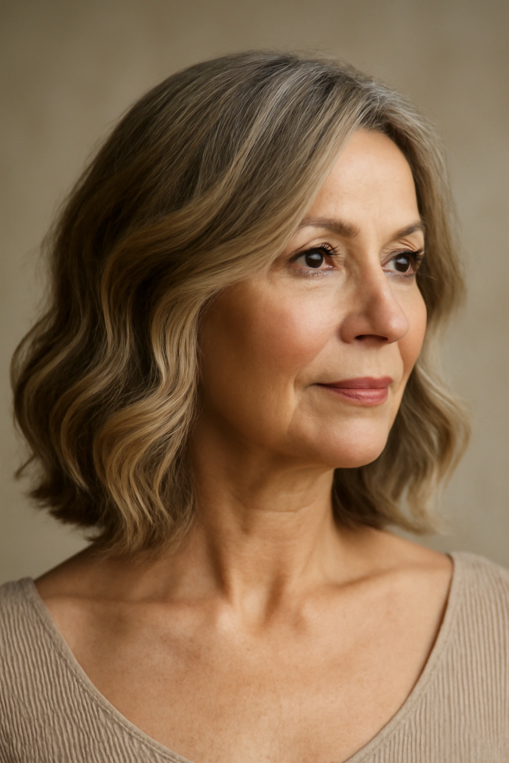 Mature woman with collarbone-length hair styled in soft waves