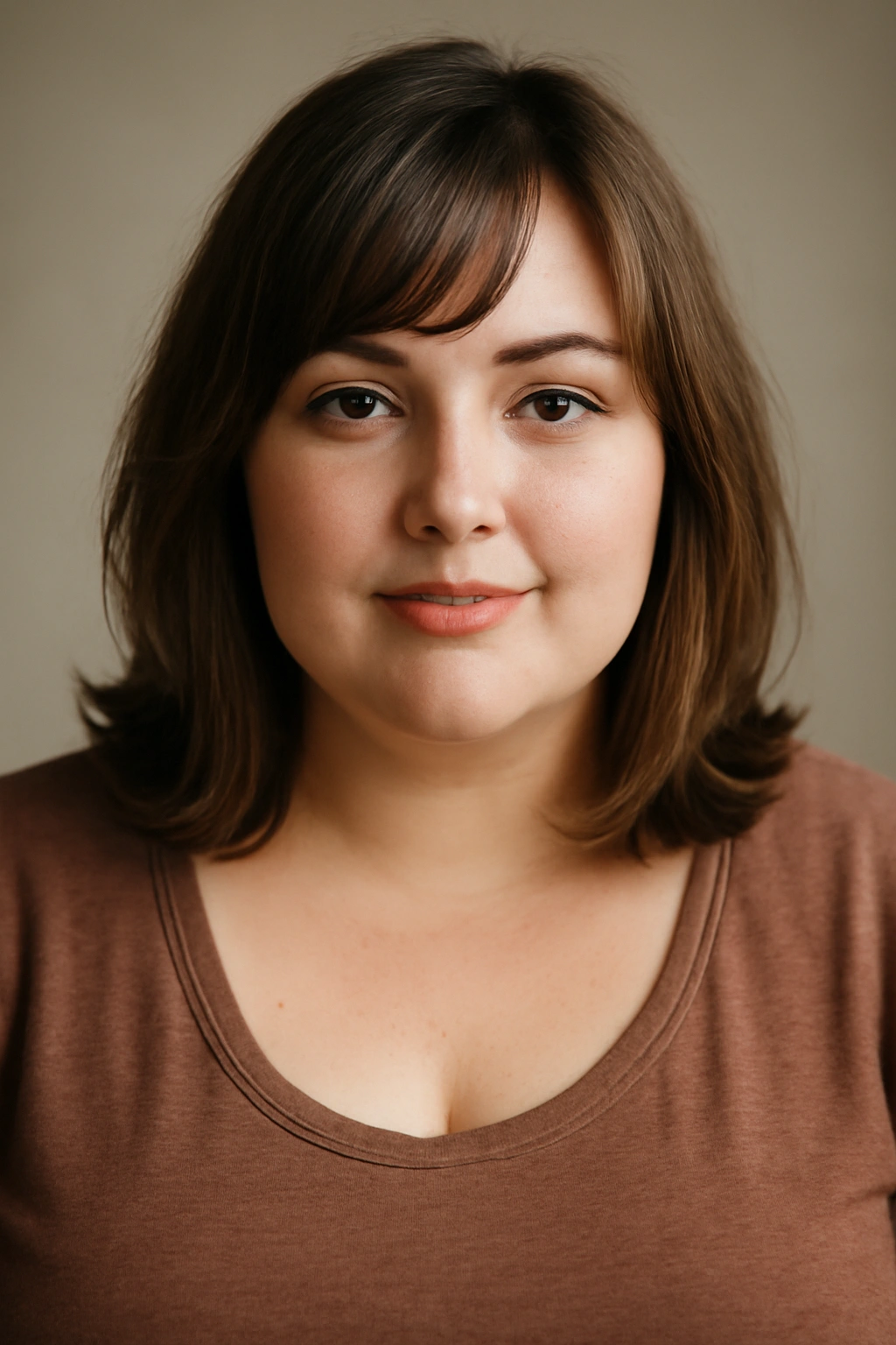 Plus-size model with collarbone-length hair and bangs framing the eyes