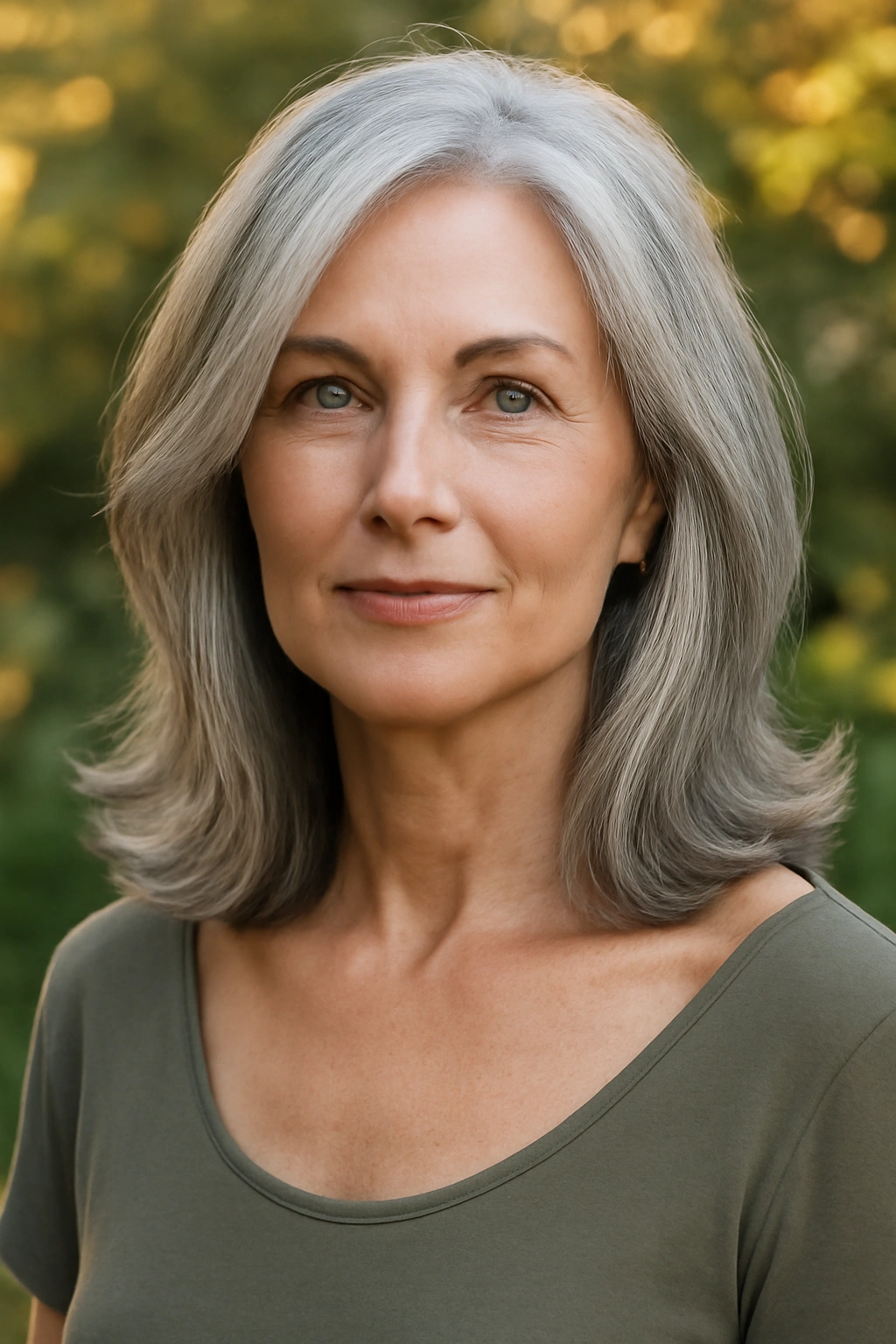 Collarbone length gray hair with soft face-framing layers on a woman over 50