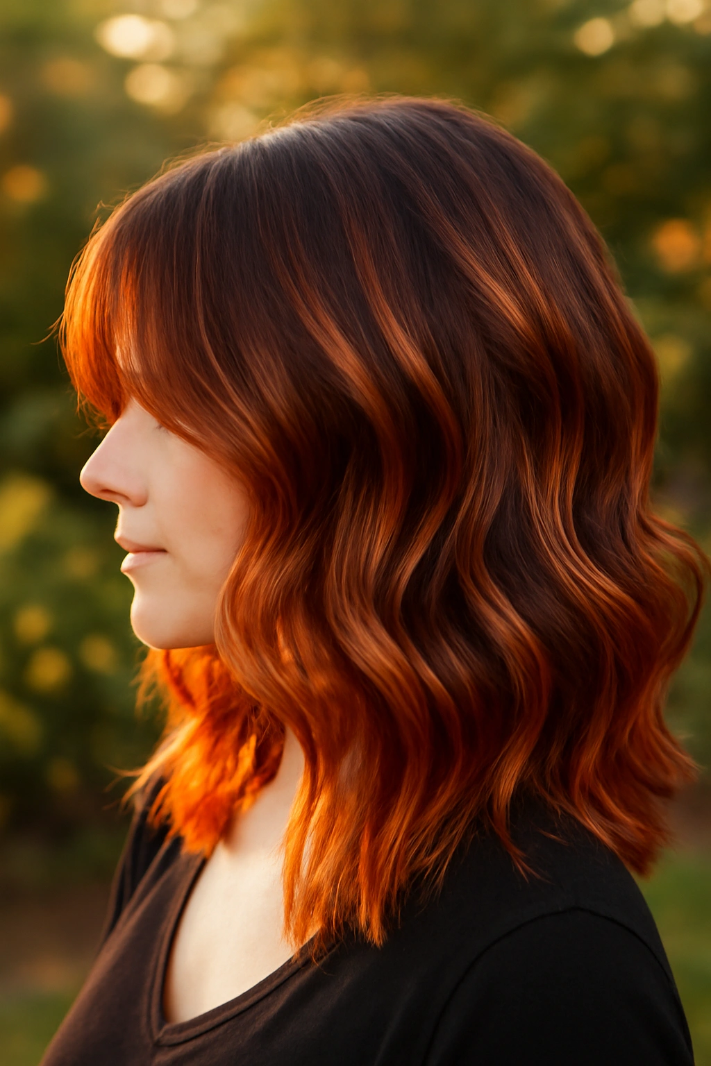 Vibrant copper balayage highlights on brown hair glowing in the natural golden hour sunlight.