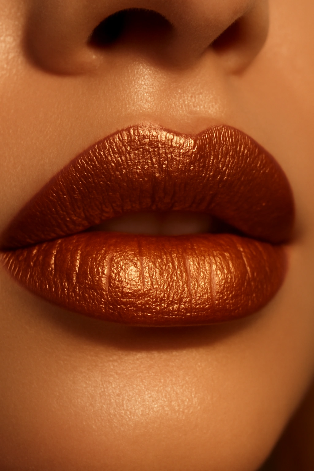 Woman wearing warm copper glow lipstick with a metallic finish suitable for an evening wedding event.