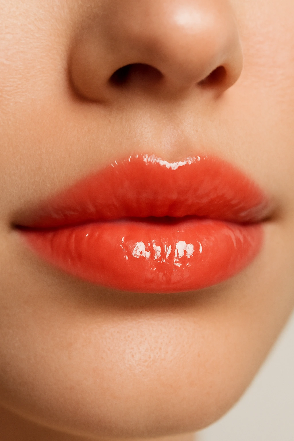 Lips with vibrant coral gloss and reflective shine.