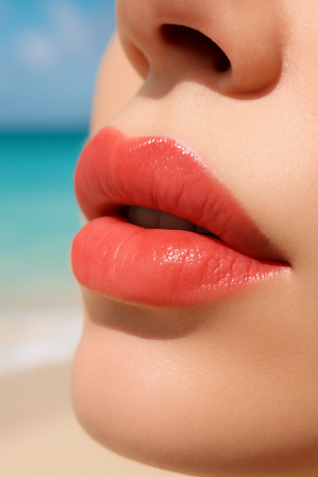 Vibrant coral pink lipstick on a bride at a beach destination wedding
