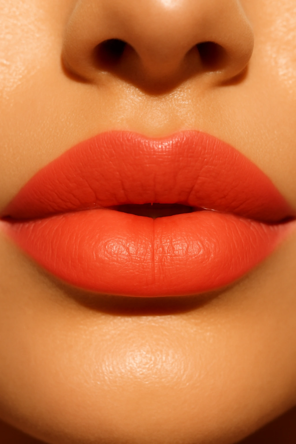 Vibrant coral lipstick with orange tones for a cheerful wedding guest appearance
