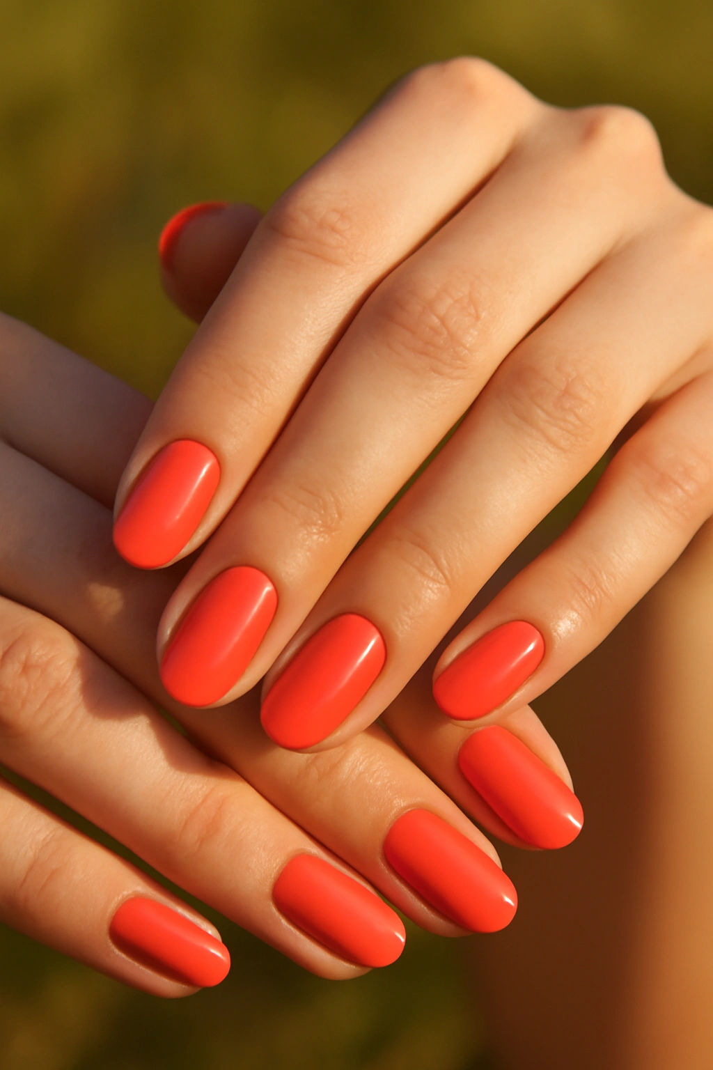 Bright coral nail polish on oval nails for fair skin in sunlight