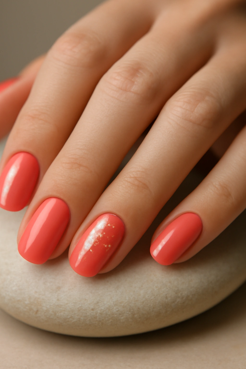 Vibrant coral colored nails with elegant gold foil accents on a neutral background.