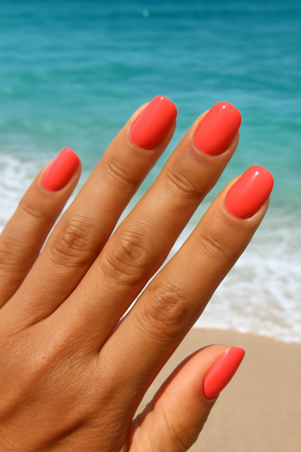 Vibrant solid bright coral nails on tanned hand with ocean background.