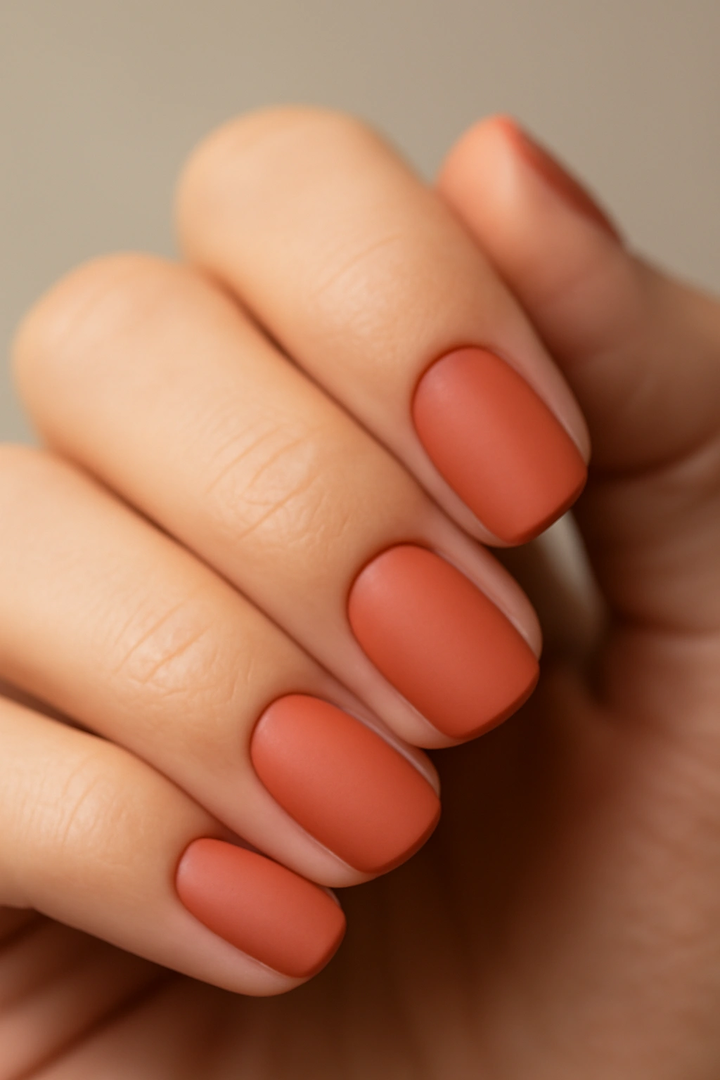 Close-up of a hand with muted coral terracotta nails.