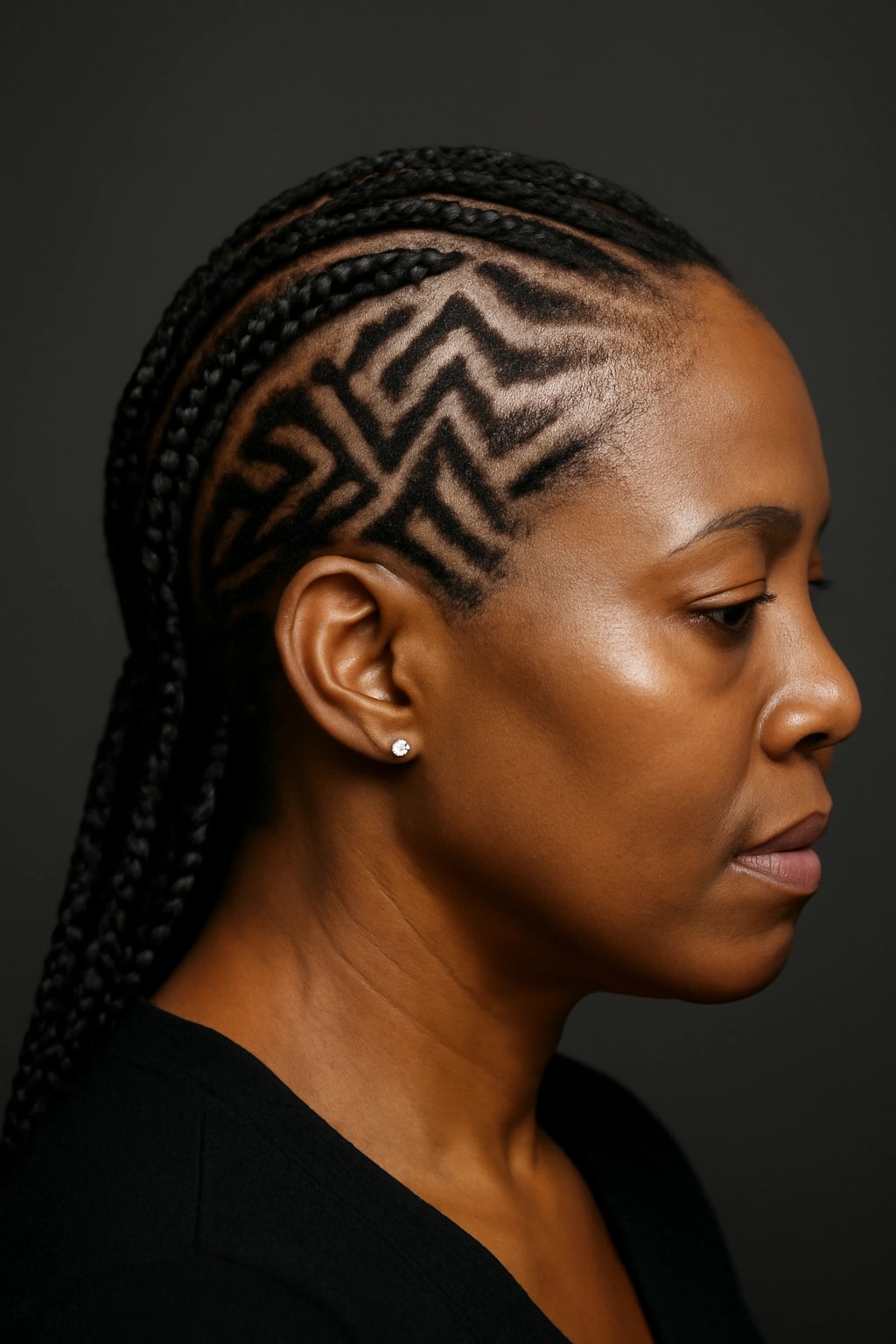 Intricate geometric cornrow patterns on a black woman's scalp in a professional studio portrait