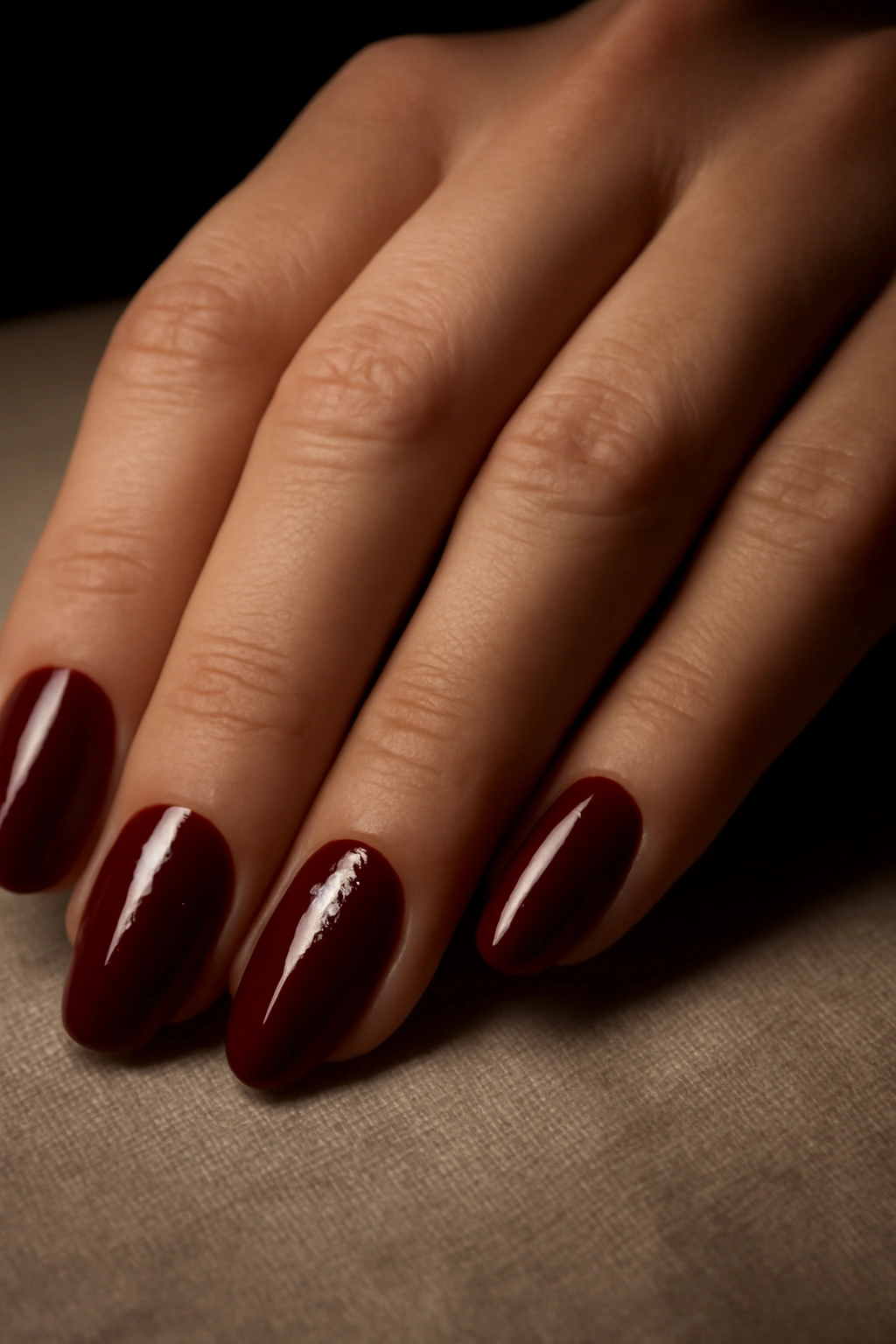 Glossy cranberry red nails with elegant gold foil accents for a festive look