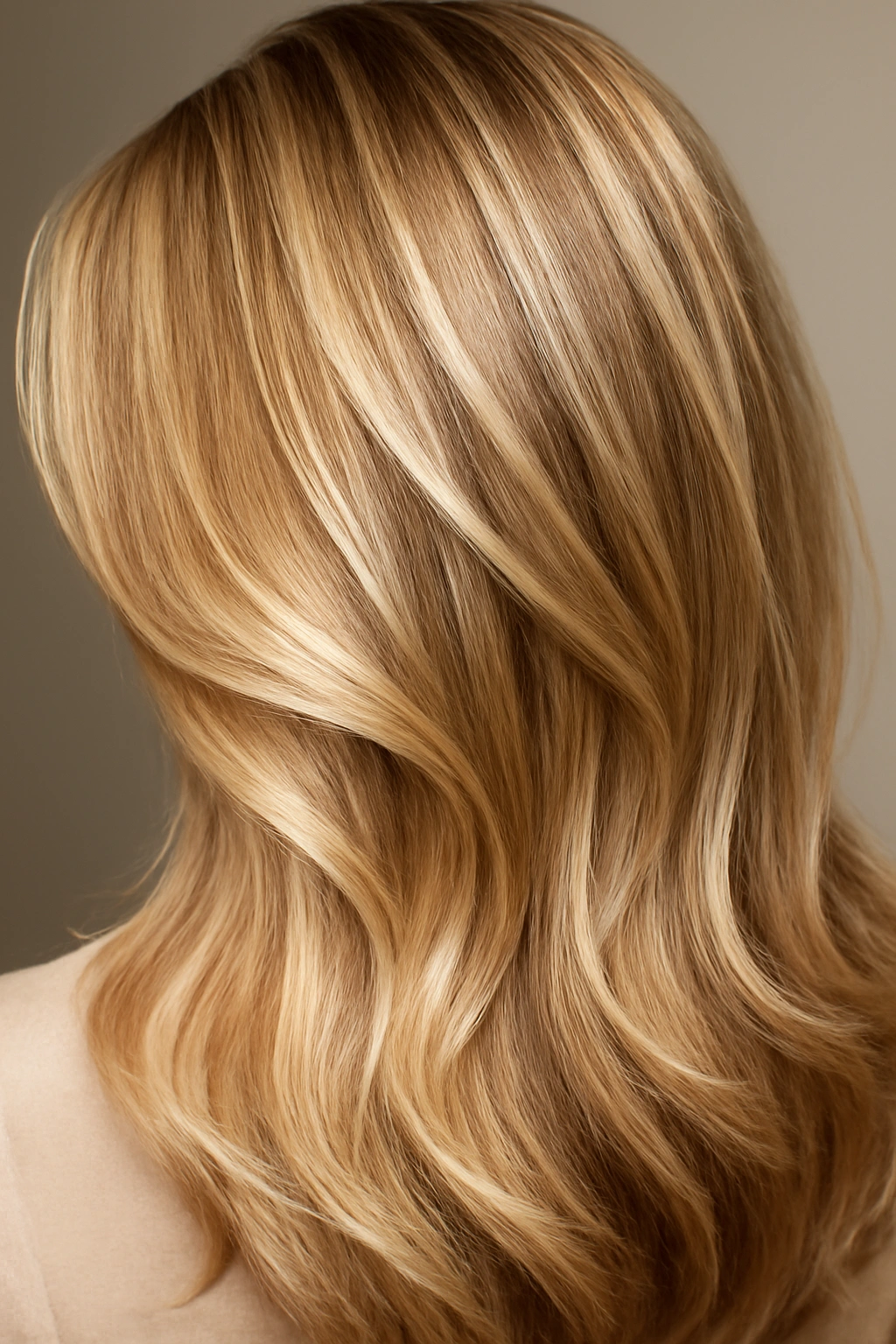 Close-up of creamy blonde highlights blended into darker hair, creating a multi-dimensional and bright textured look.