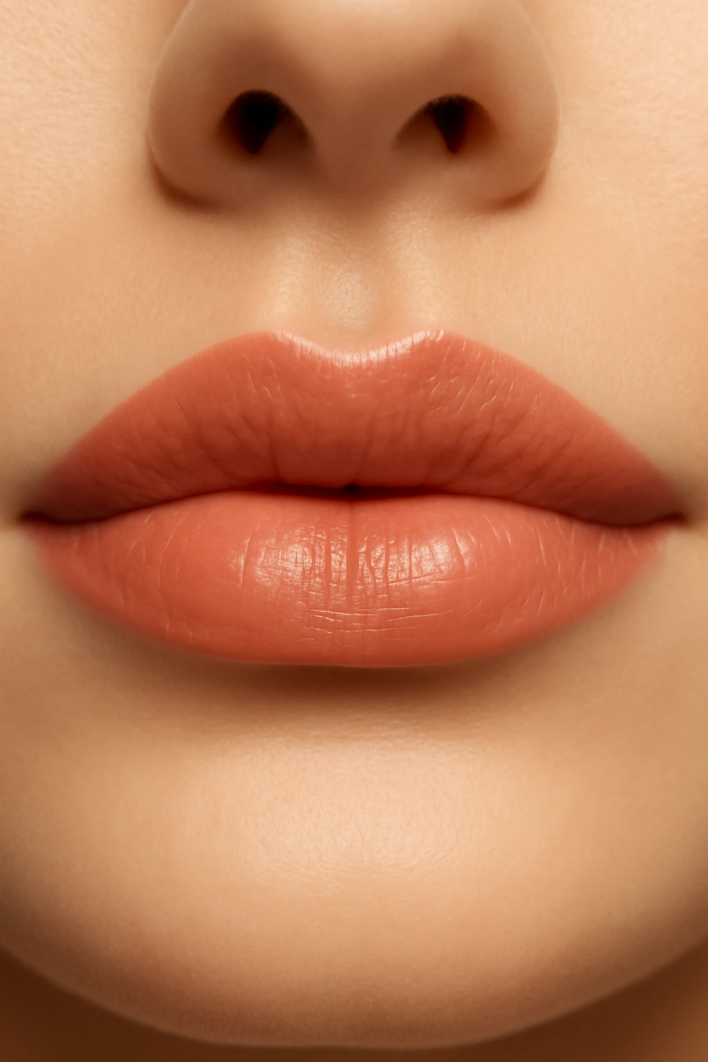 Creamy peach lipstick with a satin finish on a woman's lips.