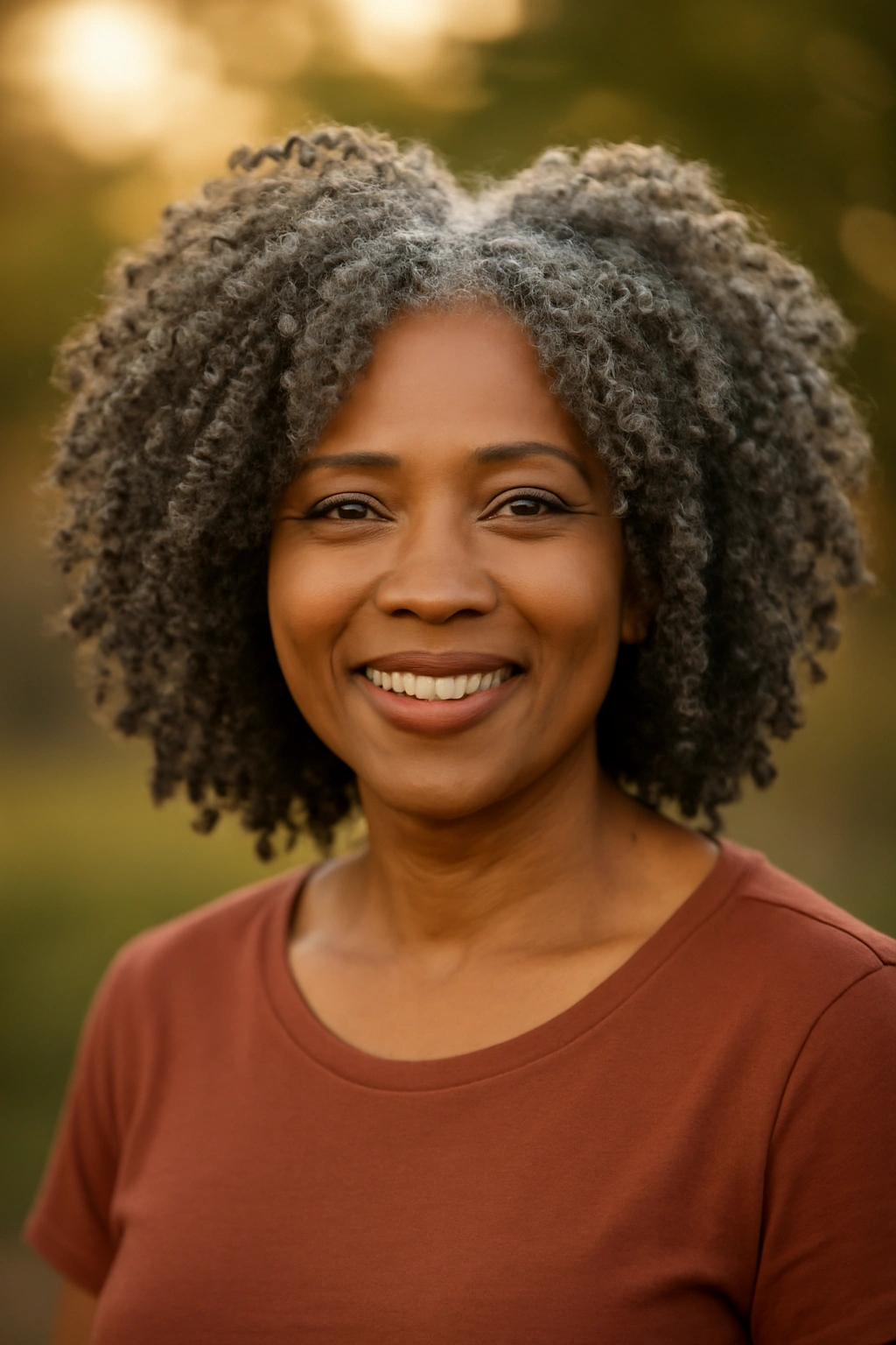 Black woman over 50 wearing voluminous crochet braids with a natural-looking curly texture.