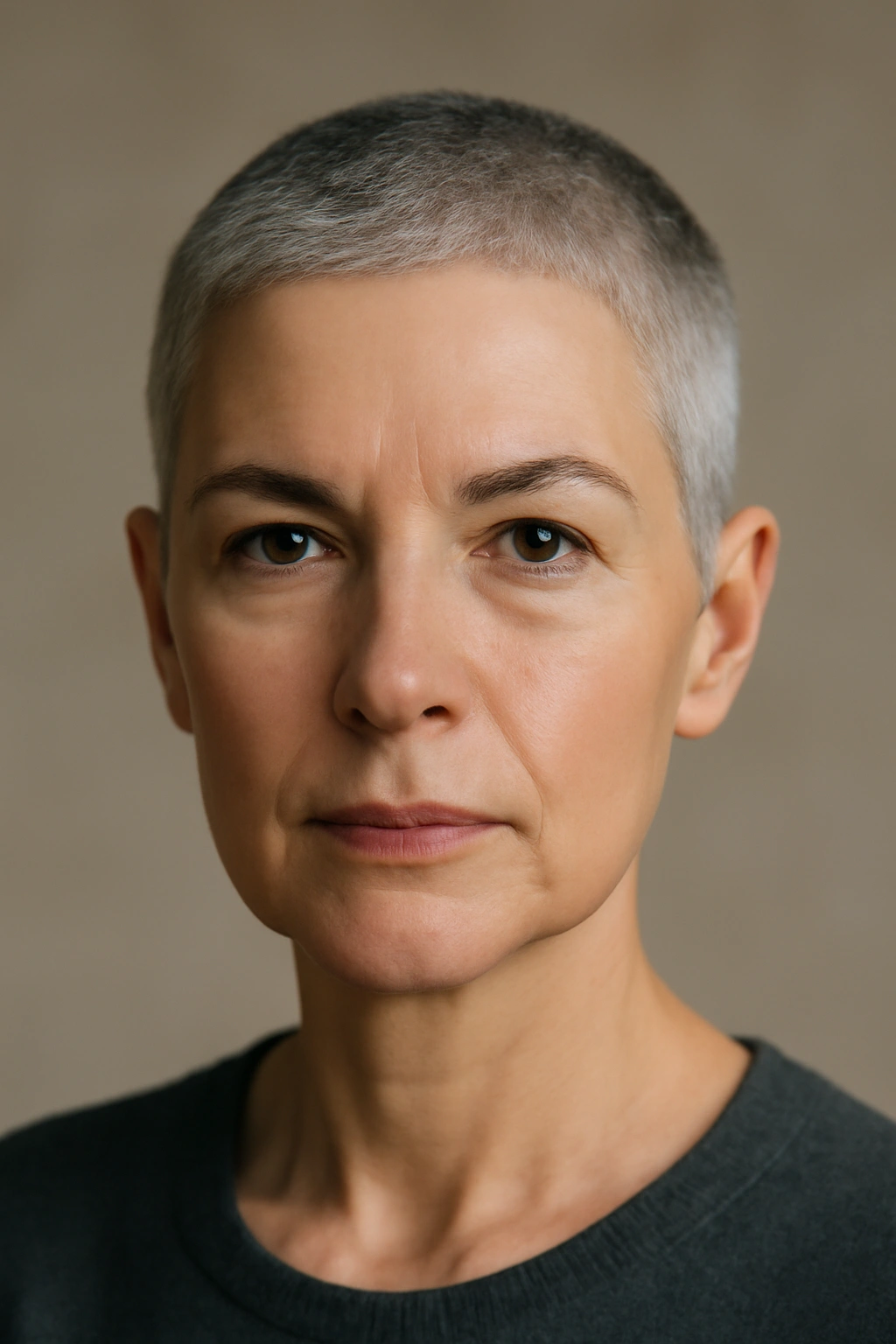 Close-up of a woman with a cropped cut showing sleek, short hairstyle.