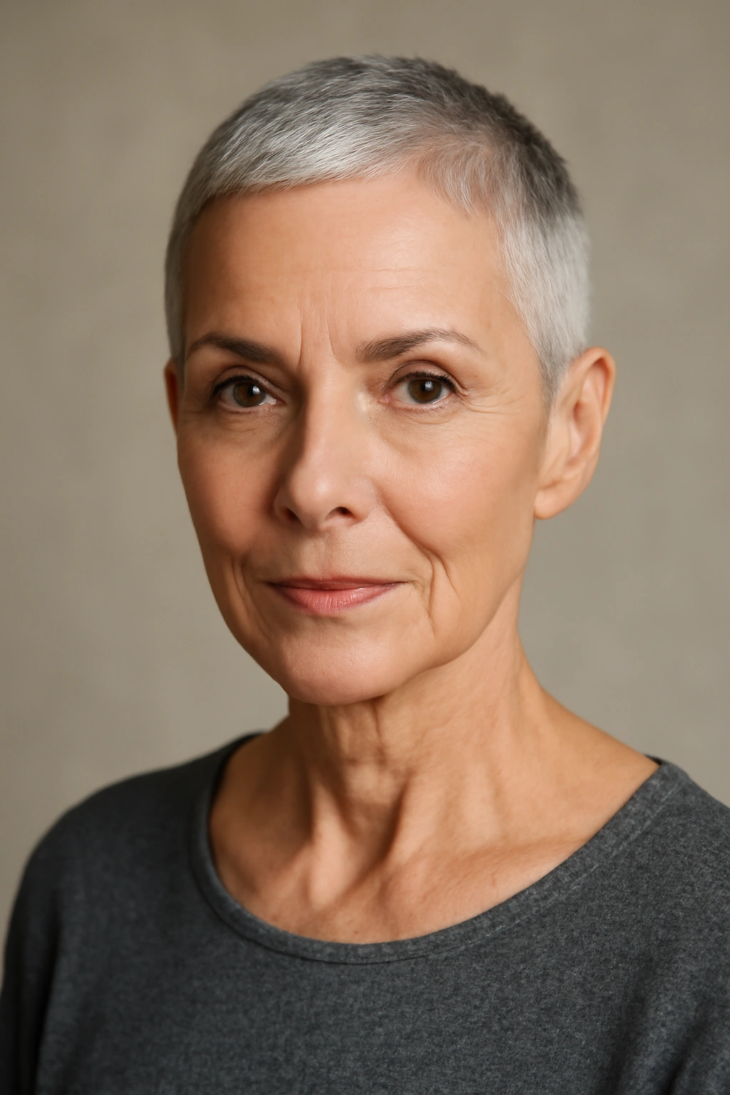 Ultra-short cropped pixie cut on a mature woman's head