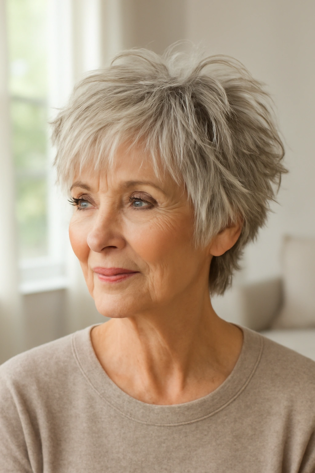 Short cropped shag hairstyle with messy choppy layers on a woman over 70.