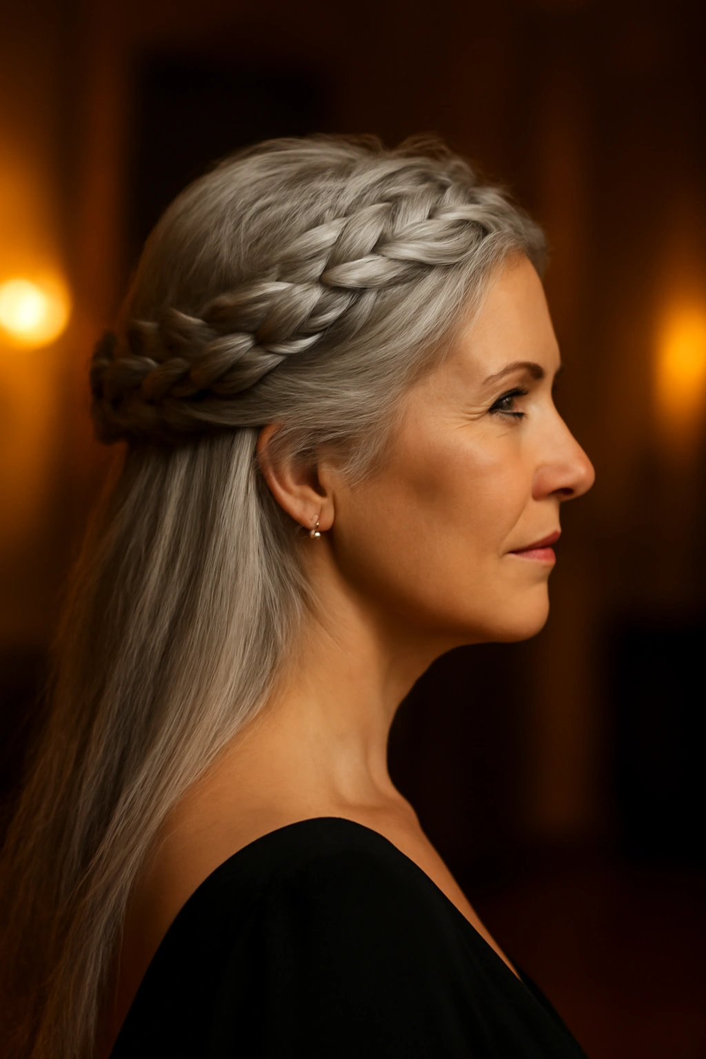 Intricate silver crown braid hairstyle on a woman over 50 for a formal event.
