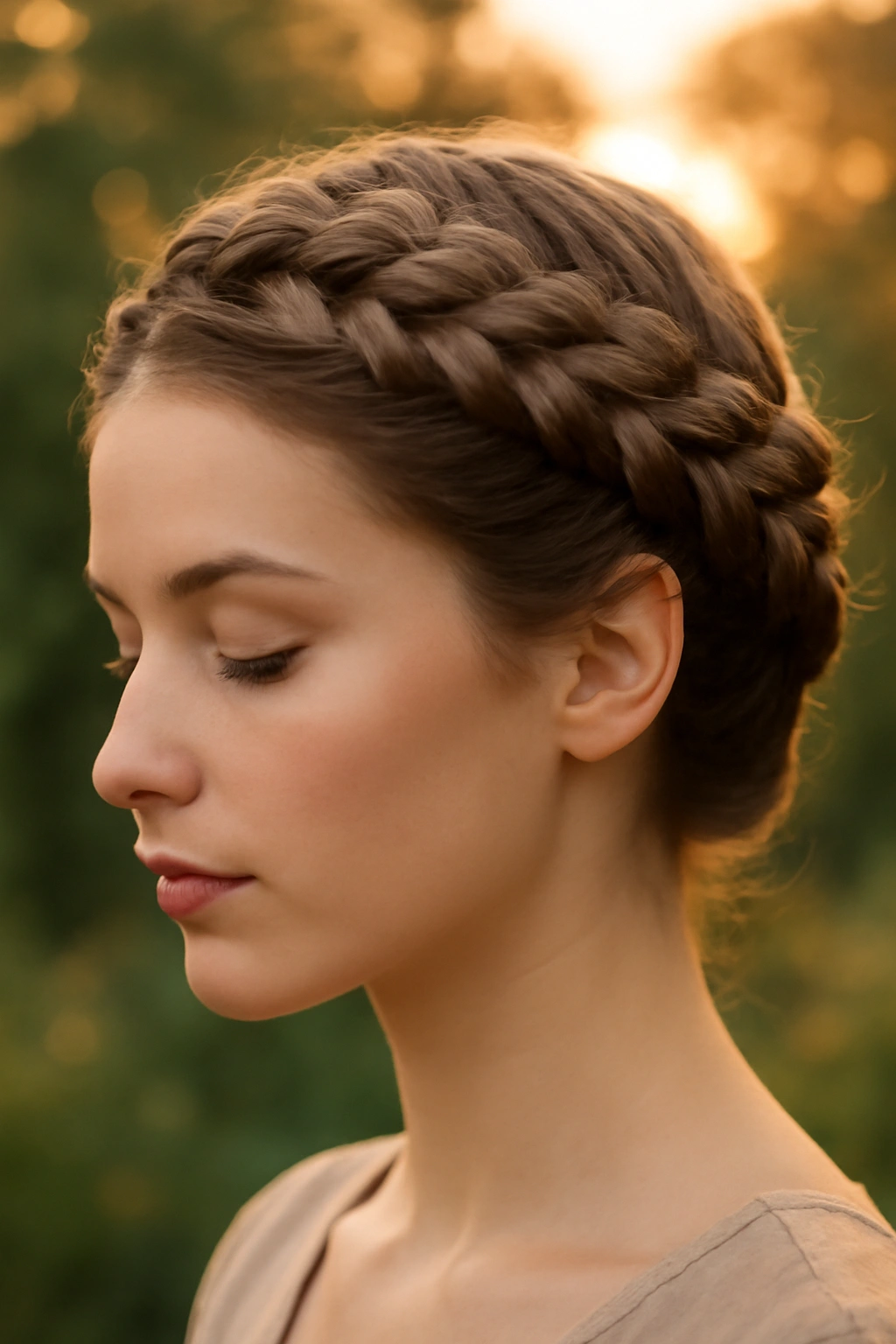 An elegant Dutch crown braid wrapped around a woman's head for a formal occasion