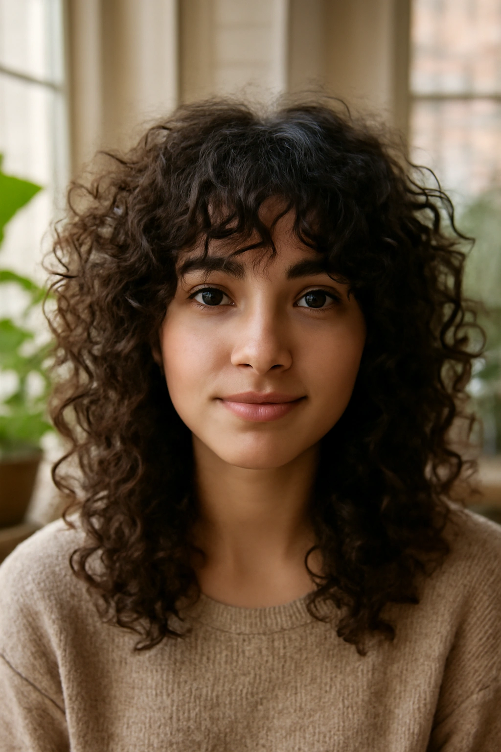 Woman with natural curls featuring soft curly wispy bangs that frame her face.