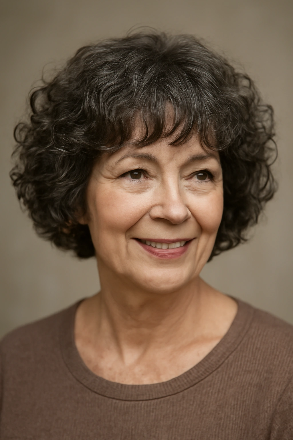 60+ woman with a short curly bob and wispy bangs.