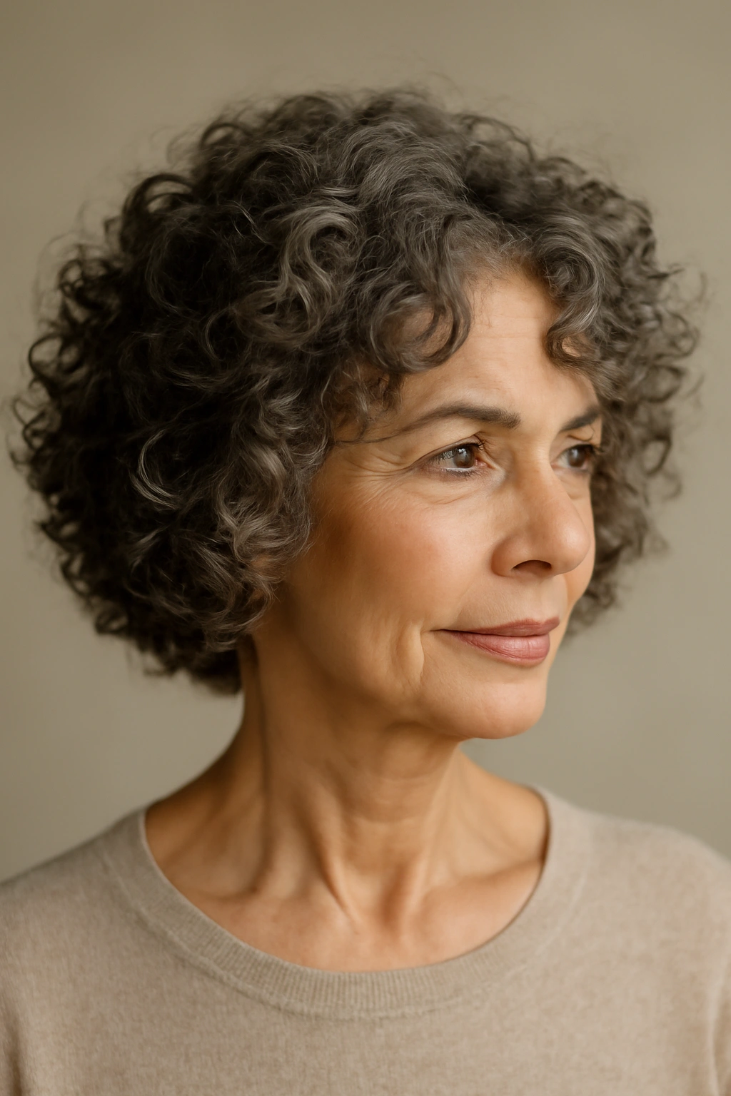 Close-up of a 60+ woman with a natural curly bob and defined curls