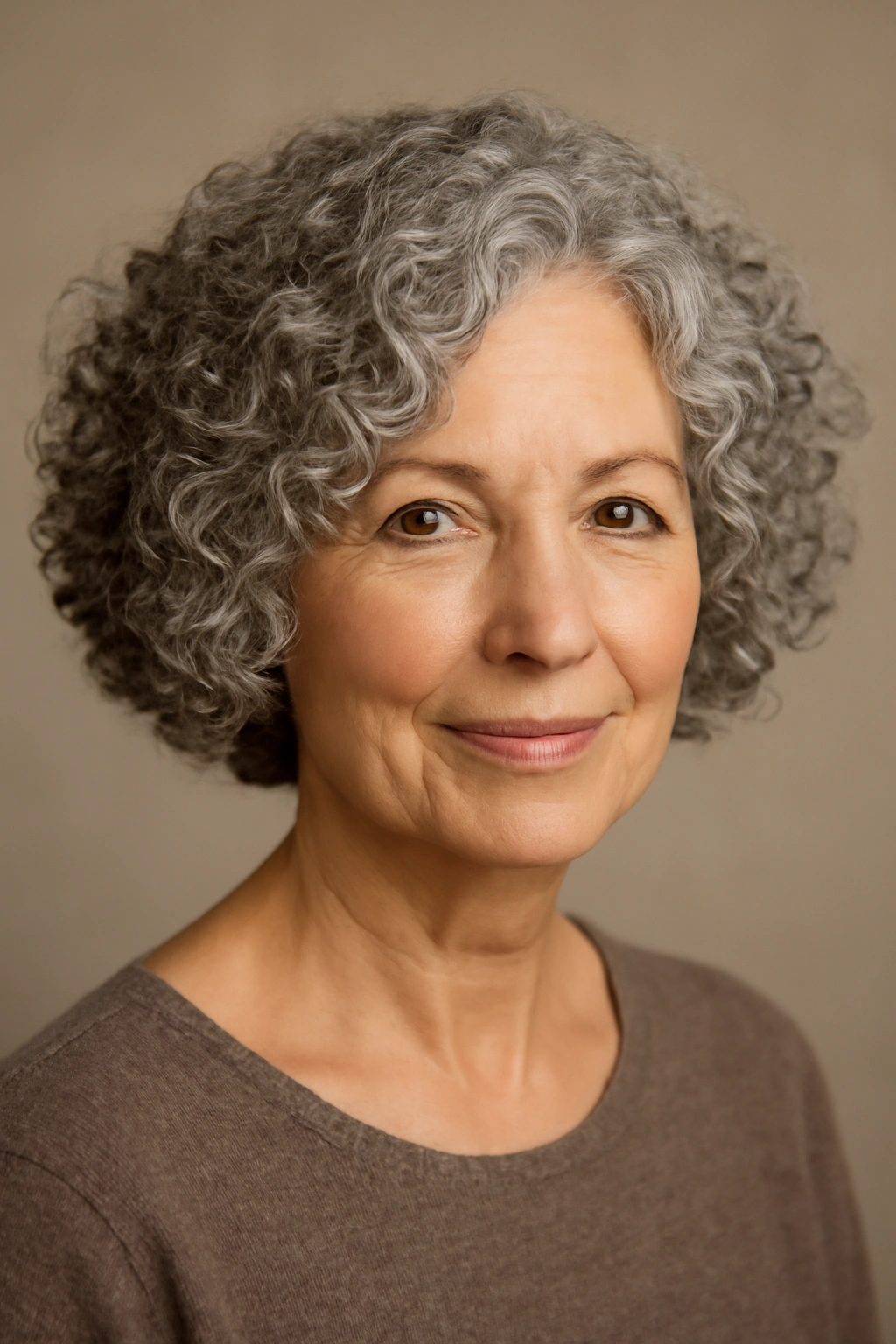 60+ woman with a curly bob showing defined, bouncy curls.