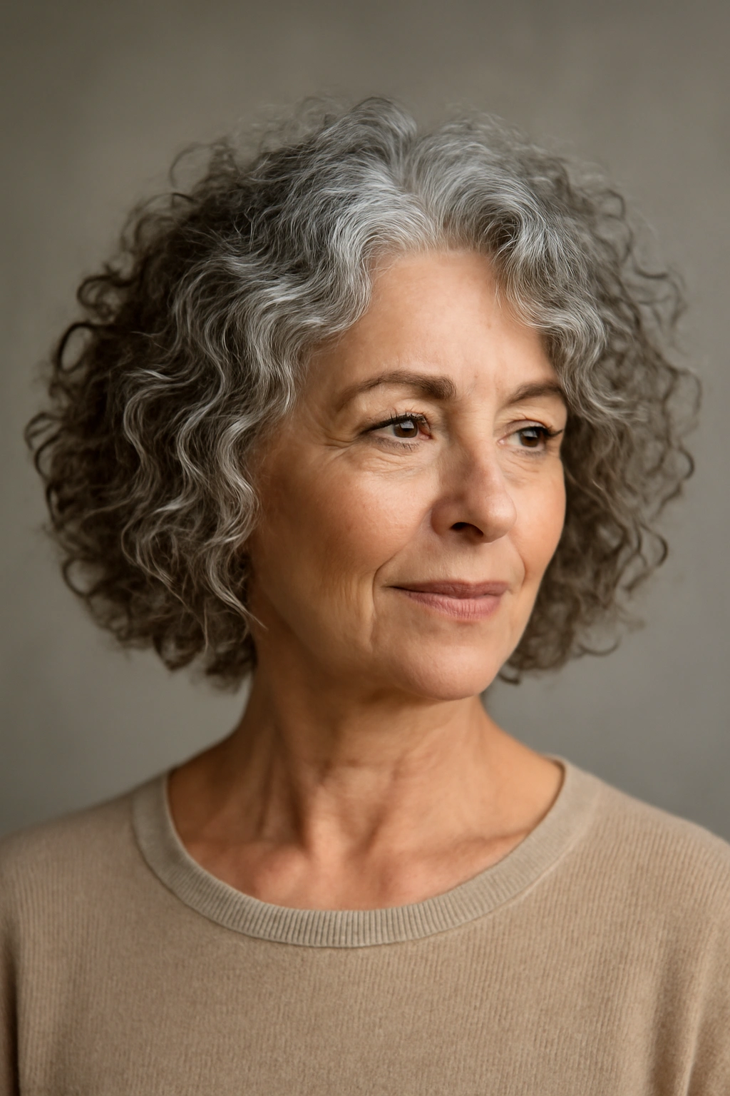 Older woman with curly lob hairstyle showing chin-length to shoulder curls.