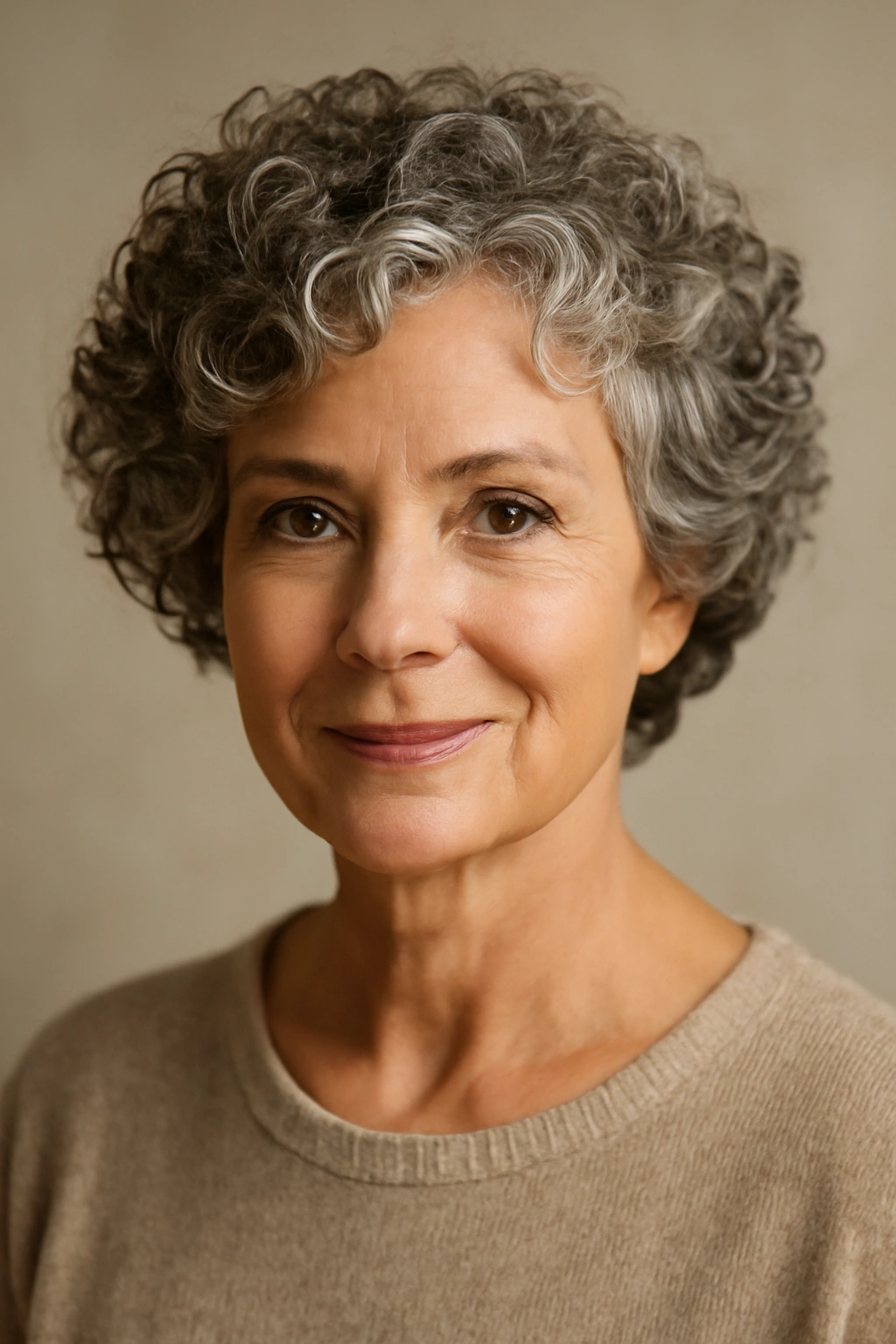 Curly pixie bob hairstyle on an older woman, voluminous rounded curls.
