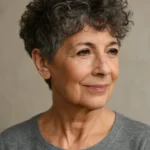 60+ woman with a curly pixie cut showing textured crown and defined curls.