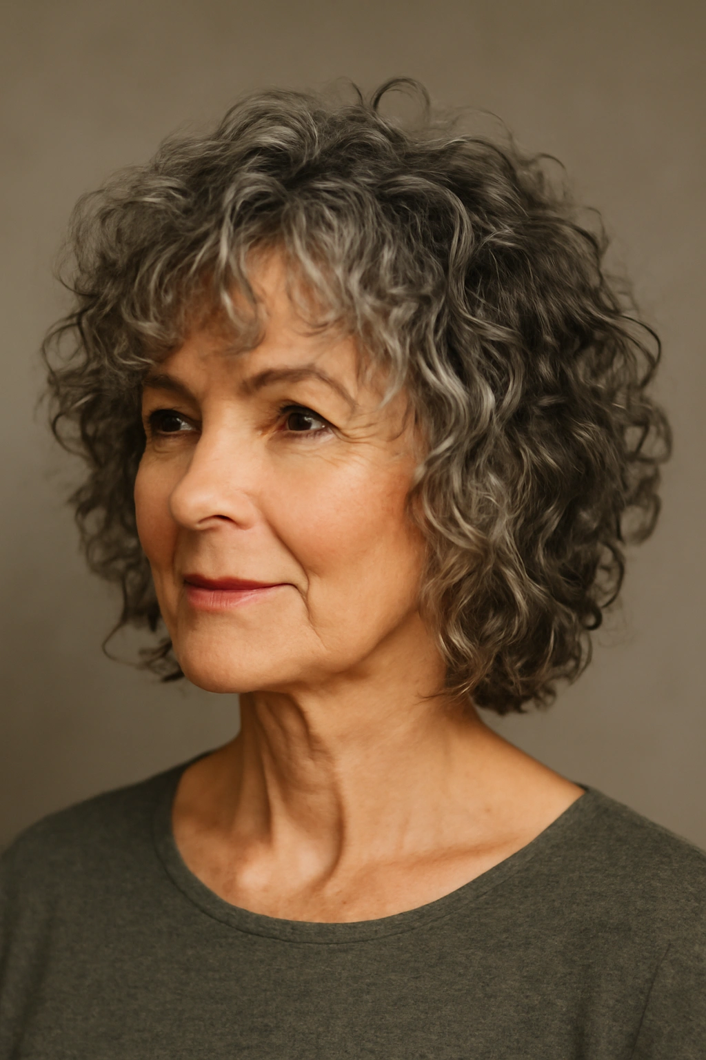 60+ woman with curly shag hairstyle featuring layered texture.