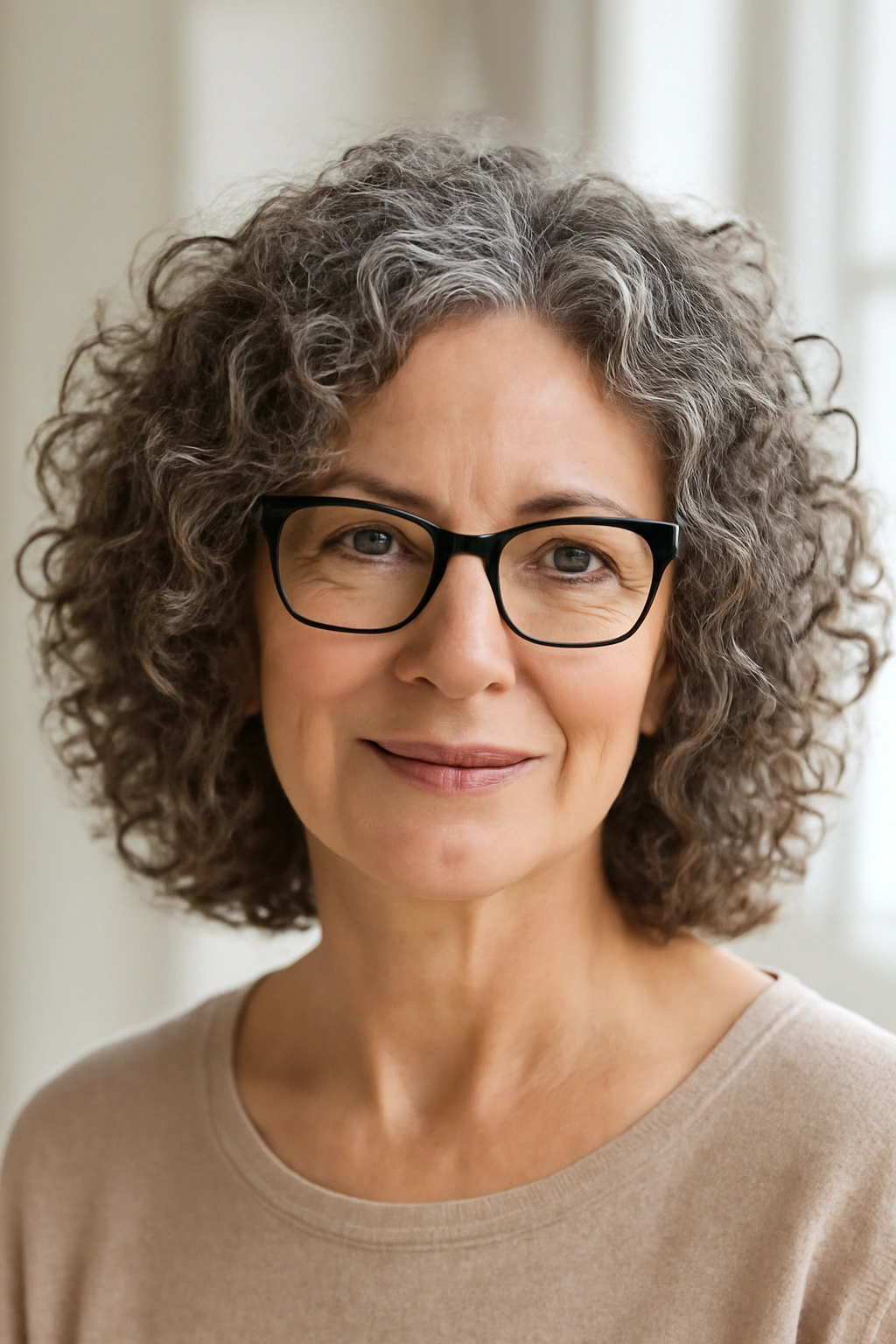 Woman over 50 with a curly shoulder-length cut and stylish glasses