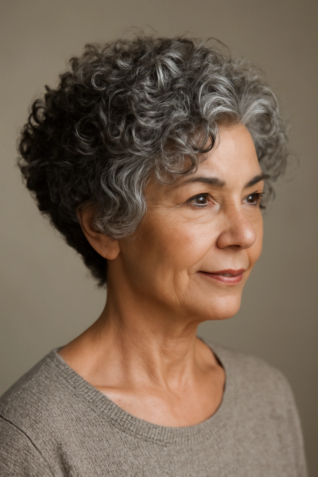 Older woman face-framing curly wedge cut with stacked back creating rounded silhouette.