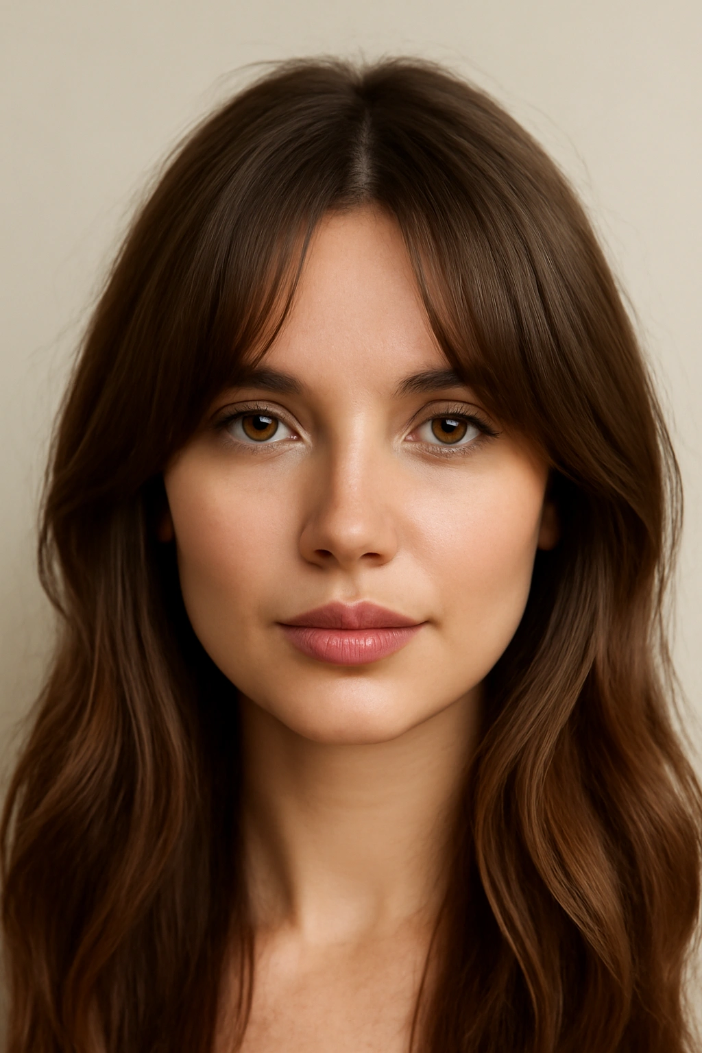 Close up of face-framing curtain bangs parted in the center on a woman.