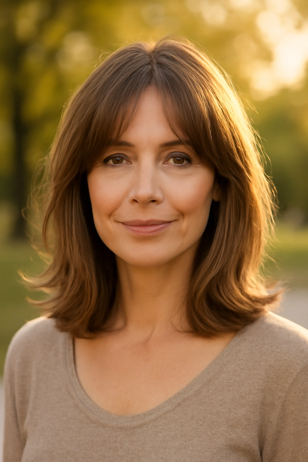 Medium length haircut with trendy curtain bangs framing the face of a beautiful woman