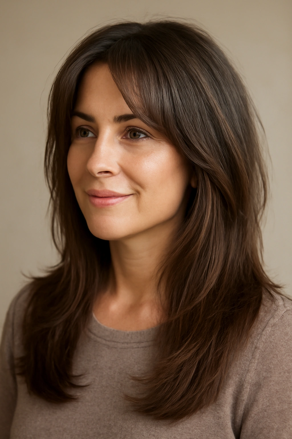 Portrait of a woman with curtain bangs and long layers framing the face