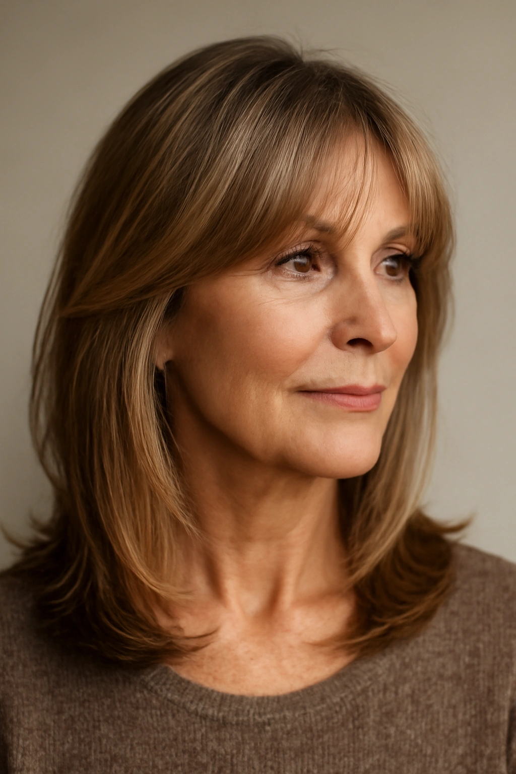 Medium-length hair with curtain bangs framing the face on a mature woman