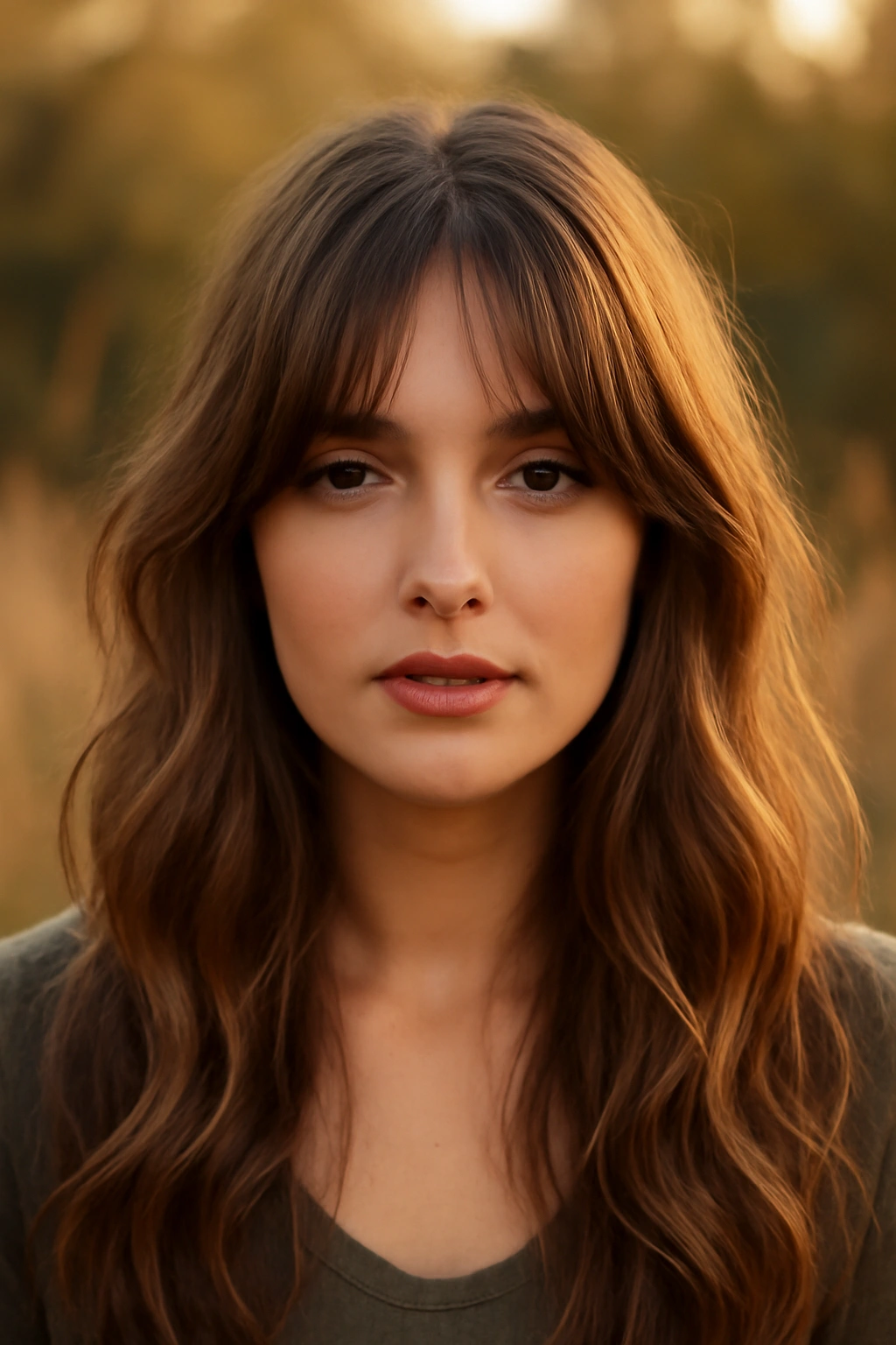 Curtain wispy bangs parted in the middle framing a woman's face with waves