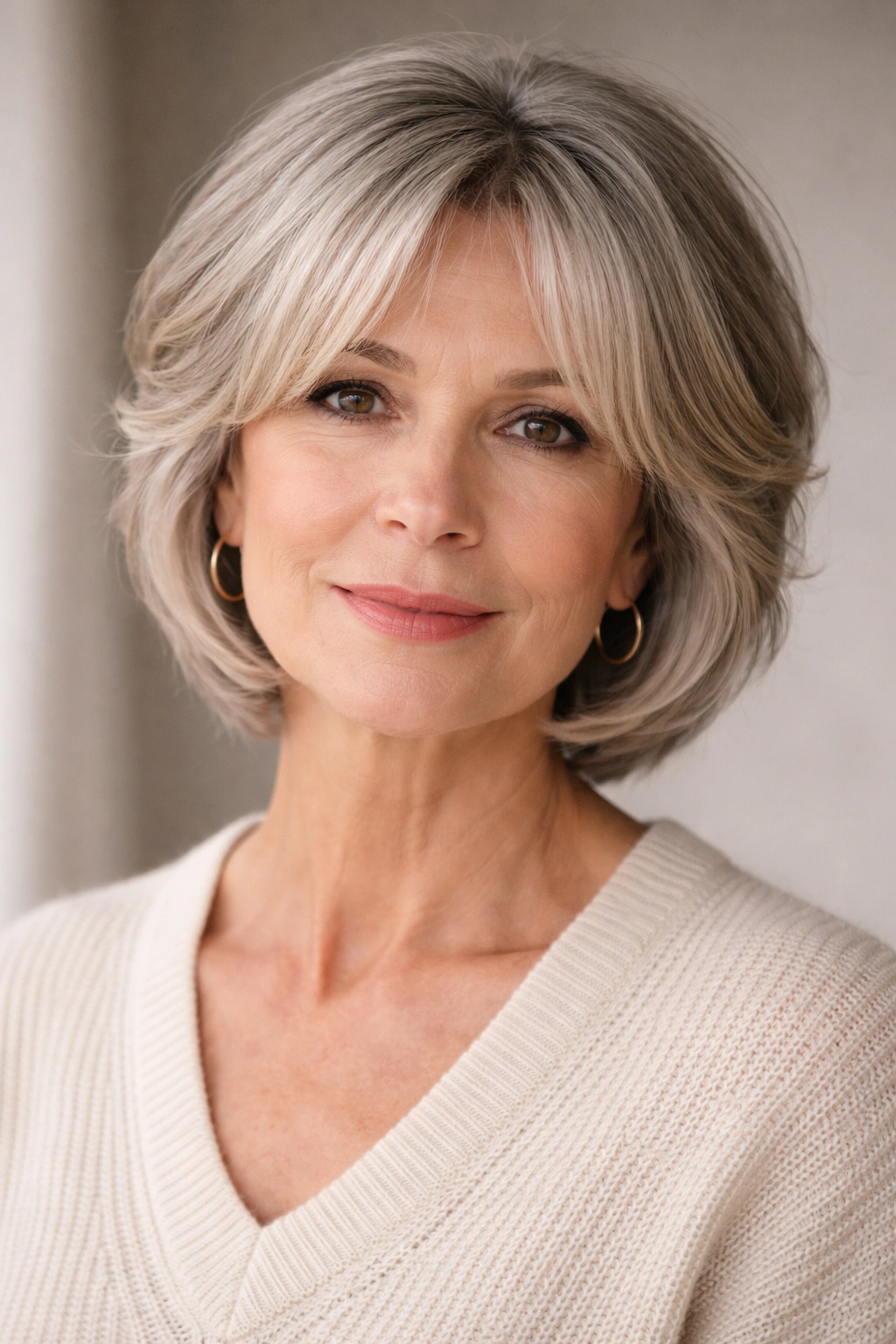 Head-and-shoulders portrait of a person with a short cut and curtain bangs framing the face