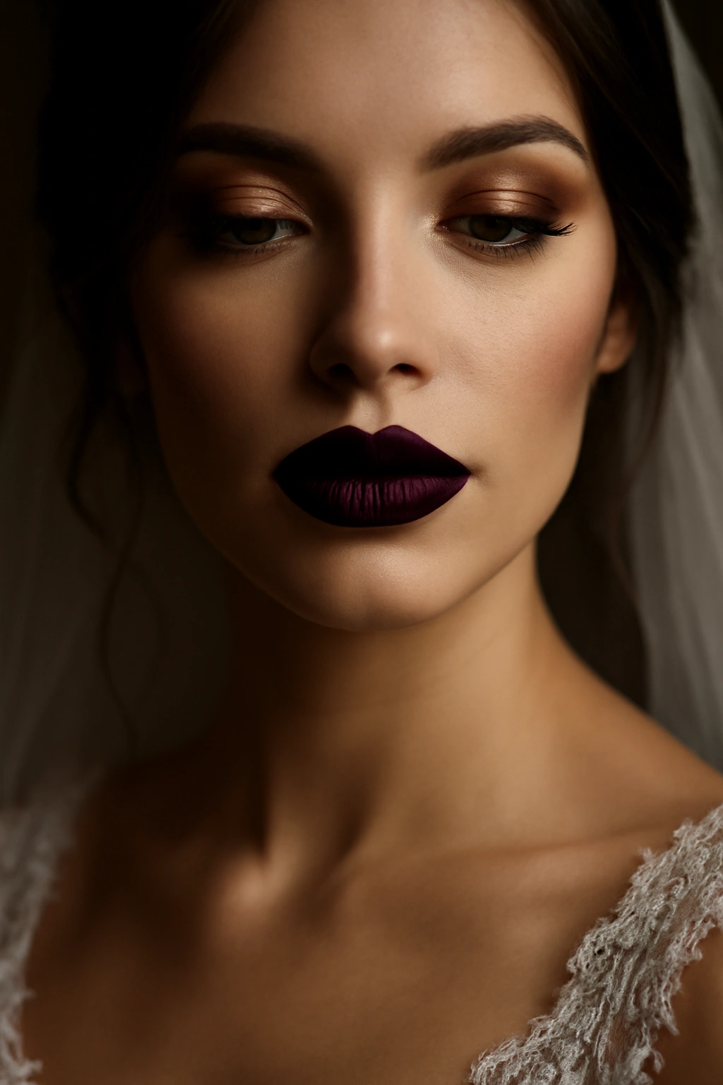 Dramatic deep plum lipstick on a bride for a bold winter wedding statement.