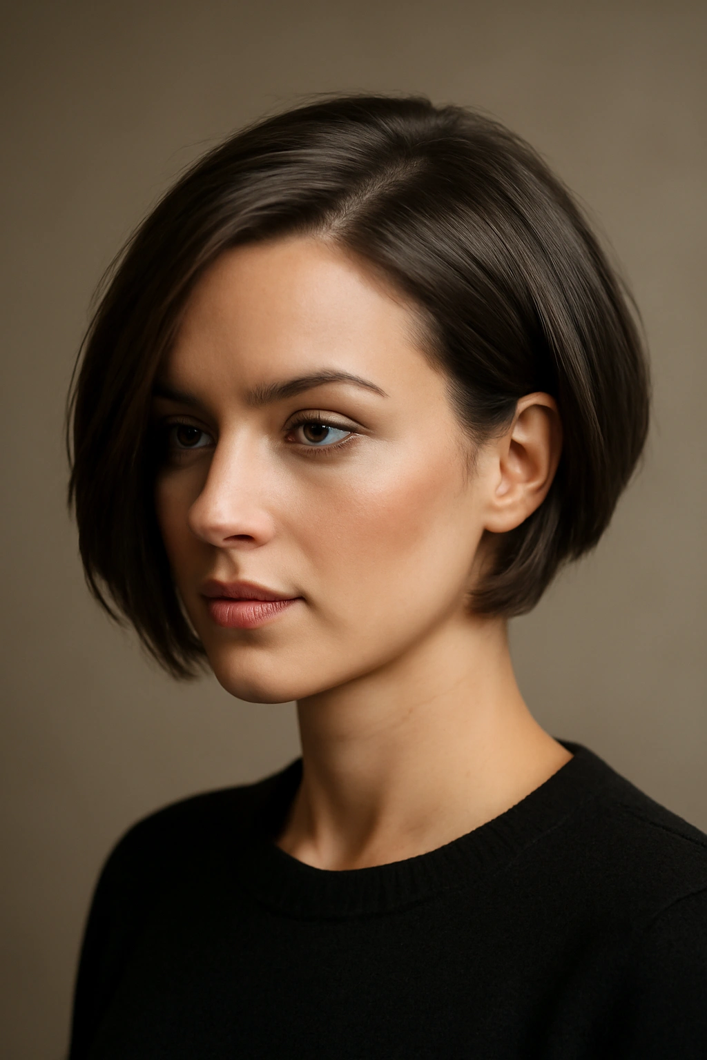 Close-up of a deep side part bob with dramatic volume and glossy texture.