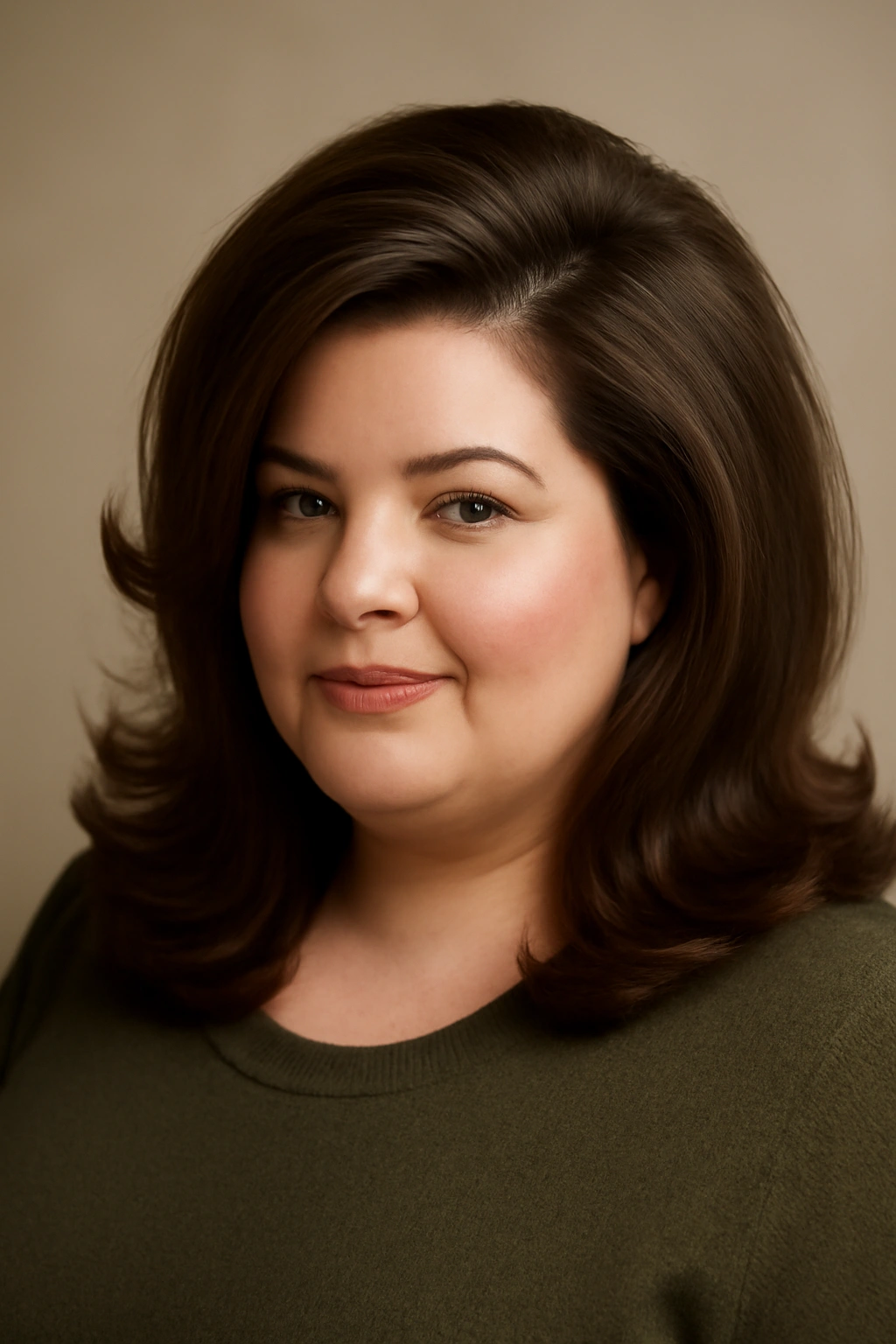Plus-size model with deep side part and voluminous crown in medium-length hair