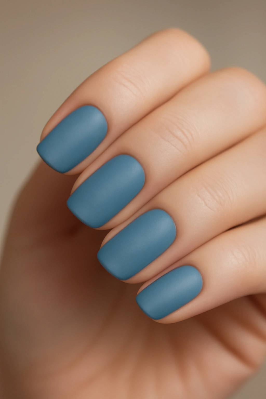 Professional manicure featuring faded denim blue nail polish on almond-shaped nails.