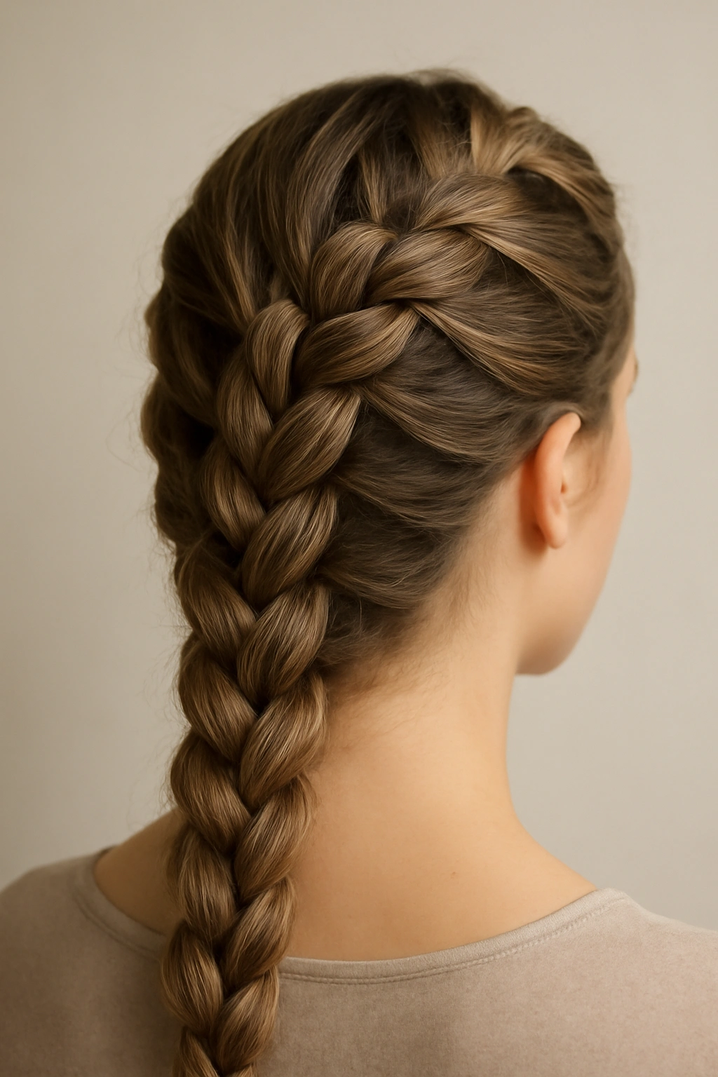 Rear view of a woman with a thick diagonal Dutch braid crossing from left to right on light brown hair.