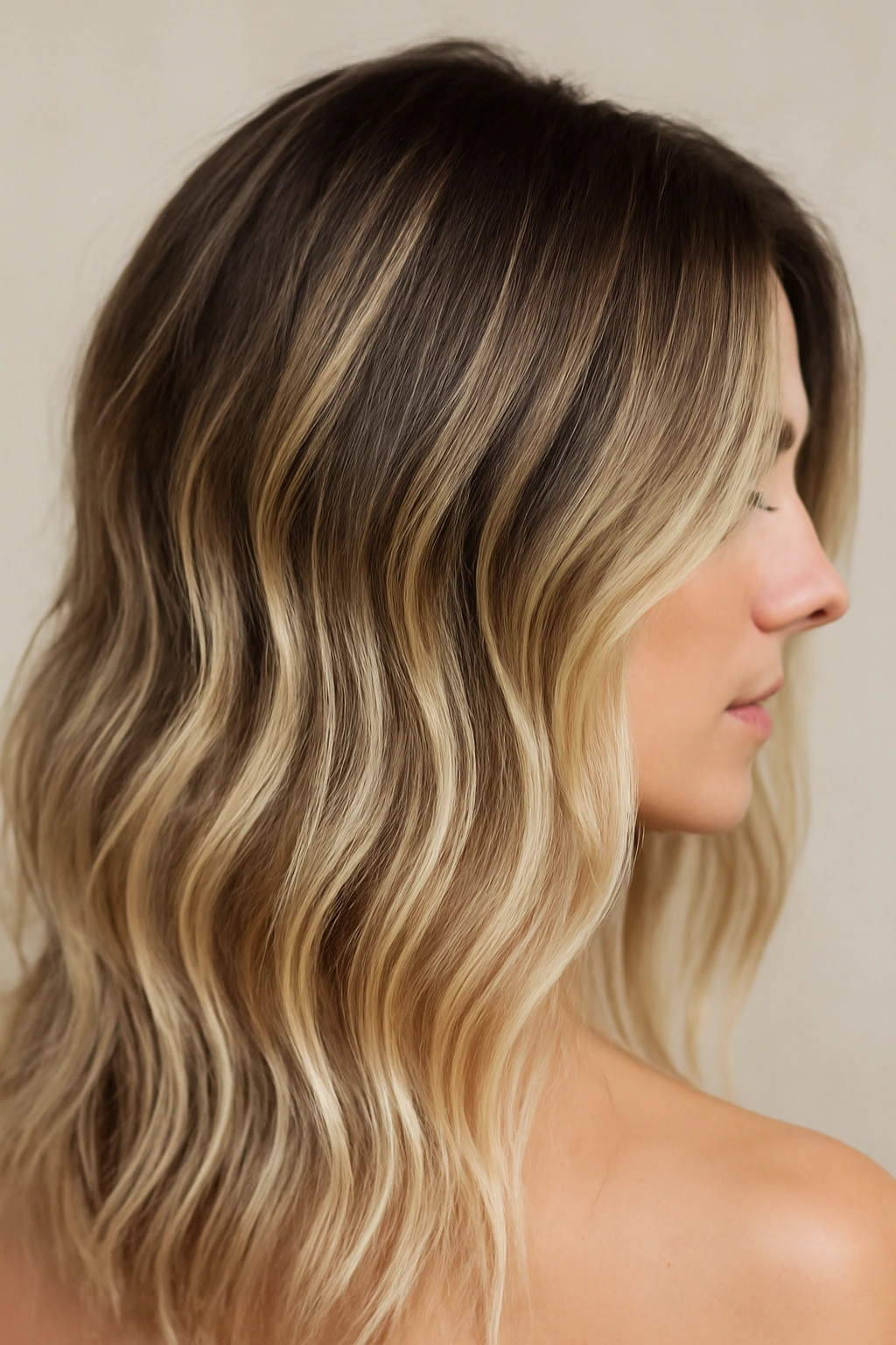 Close-up of a woman's hair featuring dirty blonde tones with natural dark roots in soft waves.