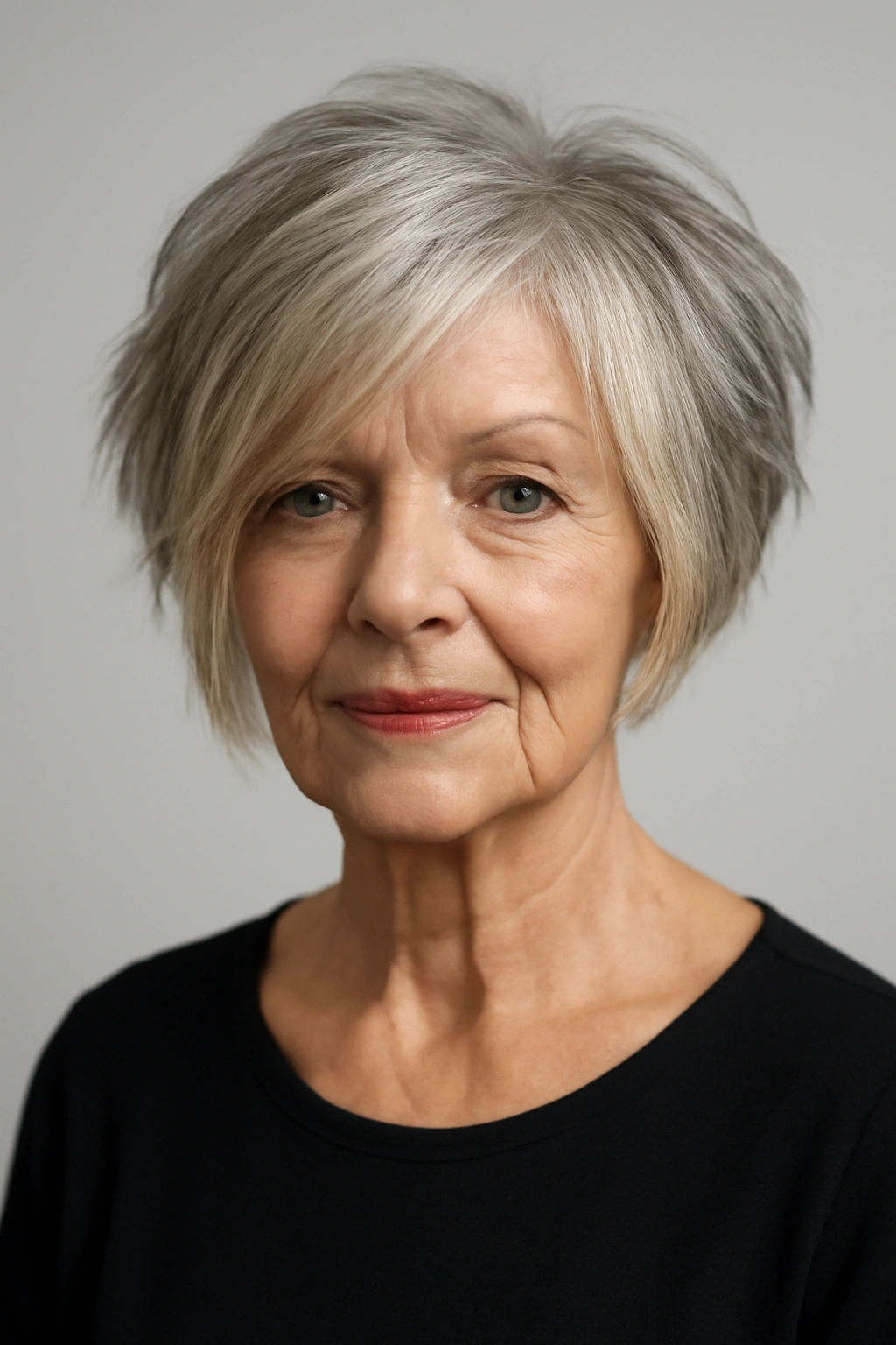 Modern disconnected bob with choppy layers and varying lengths on an older woman.