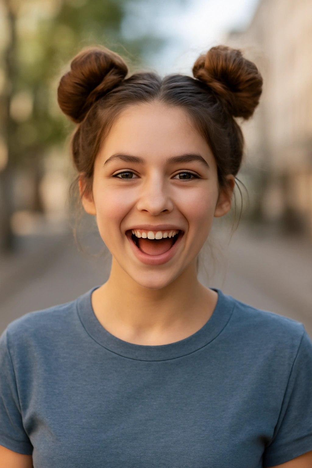 Playful double buns or space buns hairstyle on a young woman in a casual urban setting