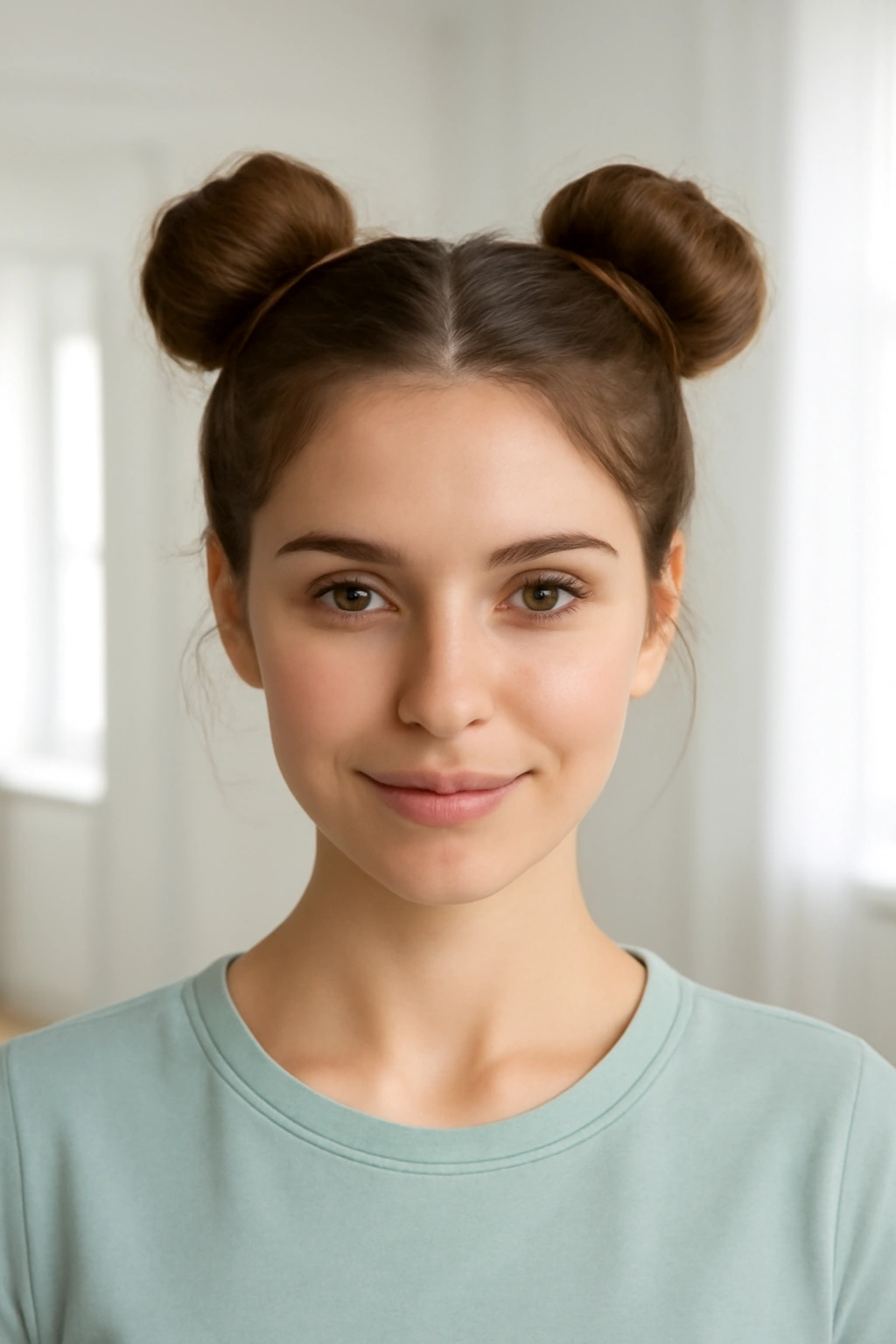 Playful double bun space buns hairstyle with a clean middle part on a woman