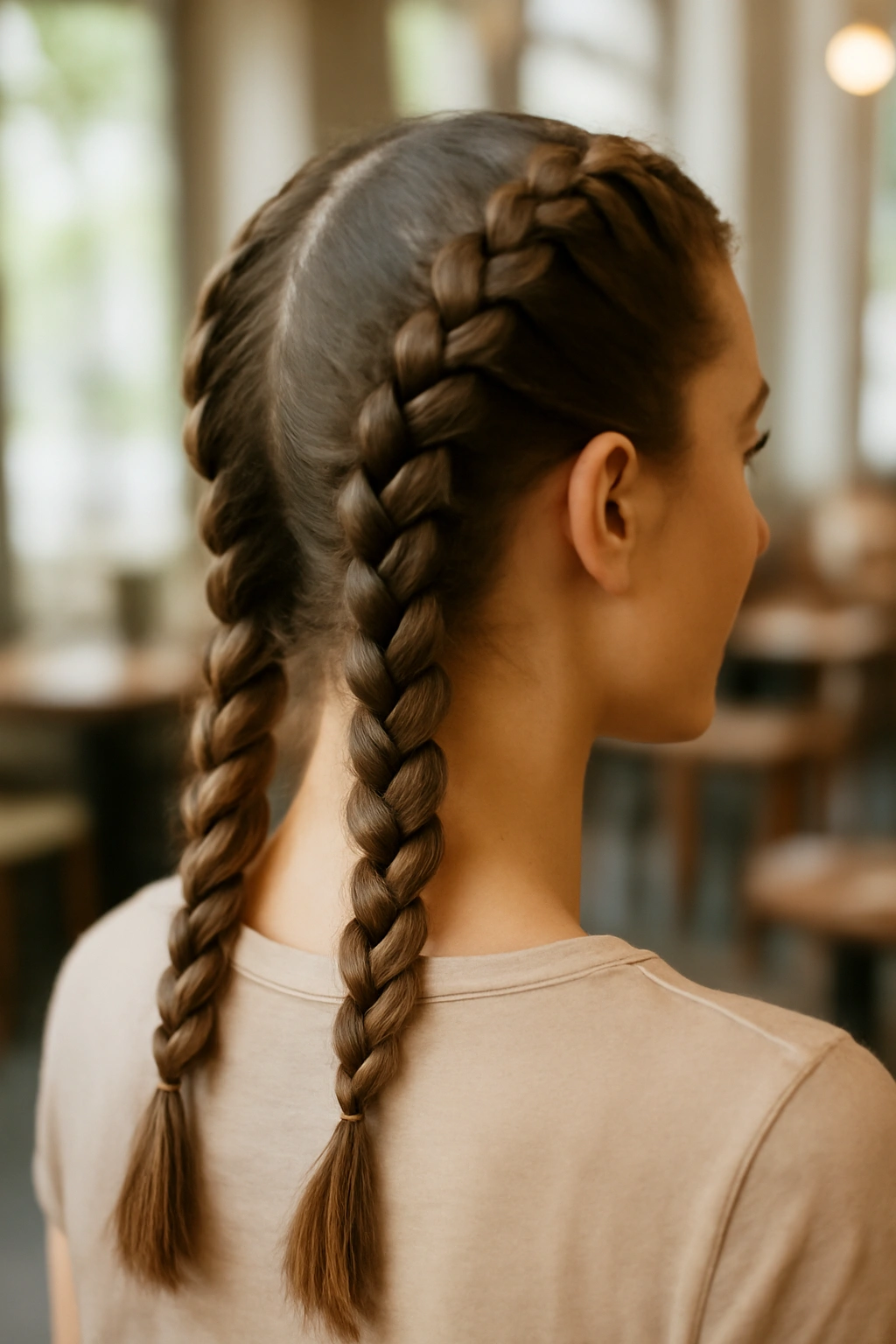 Rear view of two symmetrical Dutch pigtail braids on a woman with long hair