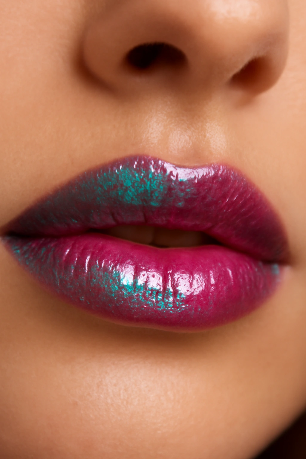 Close-up of lips with duo-chrome iridescent gloss shifting between two colors