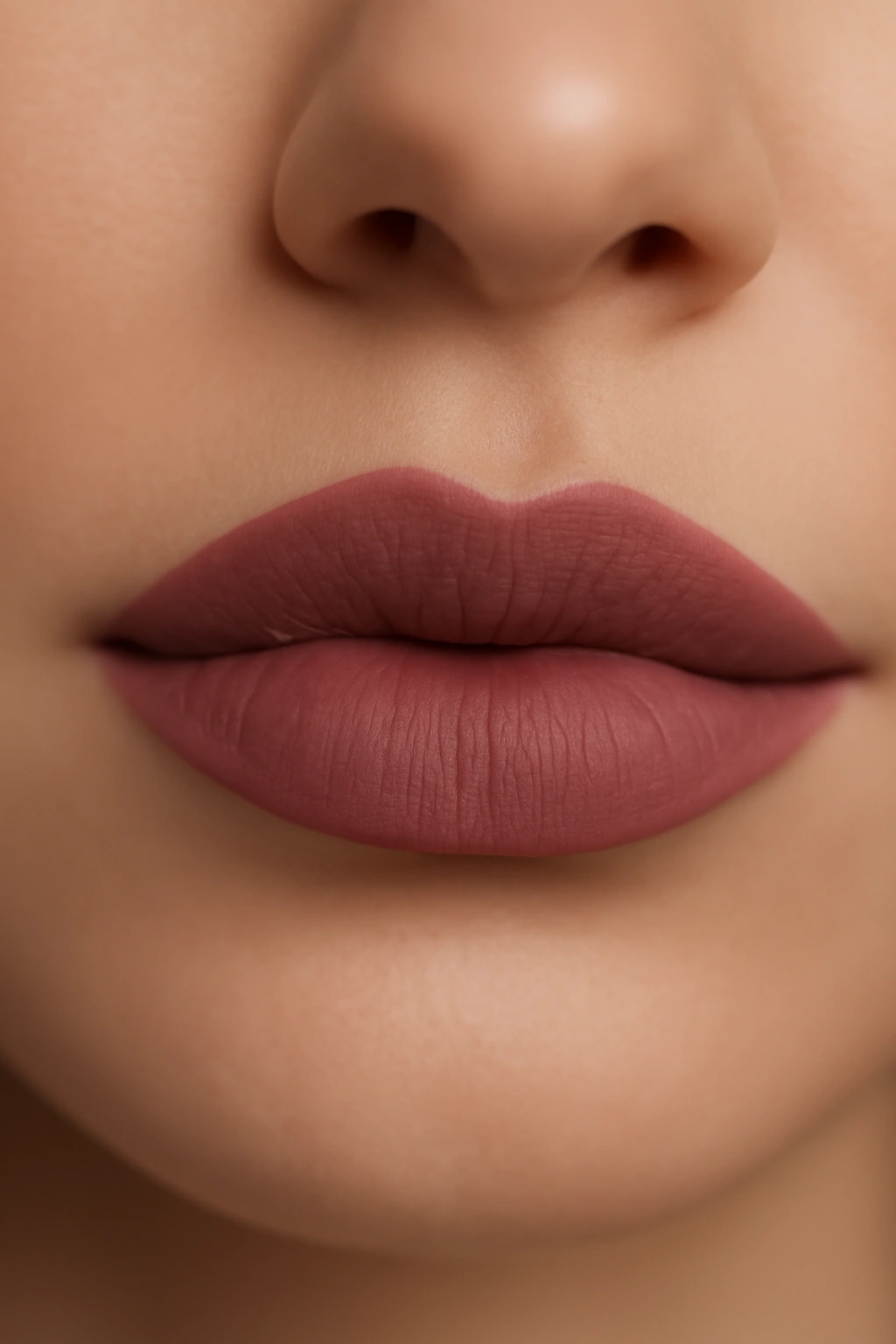 Elegant dusky rose matte lipstick applied to mature lips.